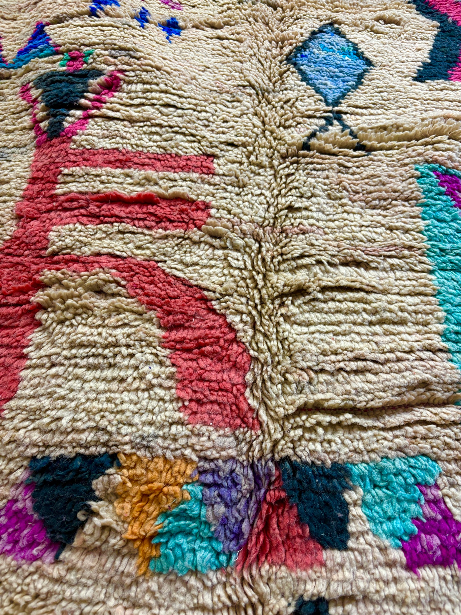 Azilal Rug with Ivory Field and Abstract Polychrome Glyphs