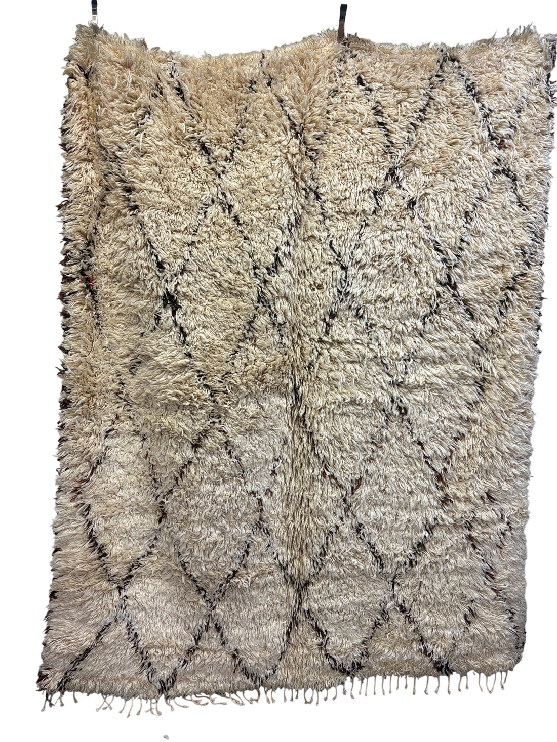 Beni Ourain Shag Rug in Ivory Wool with Faded Diamond Lattice