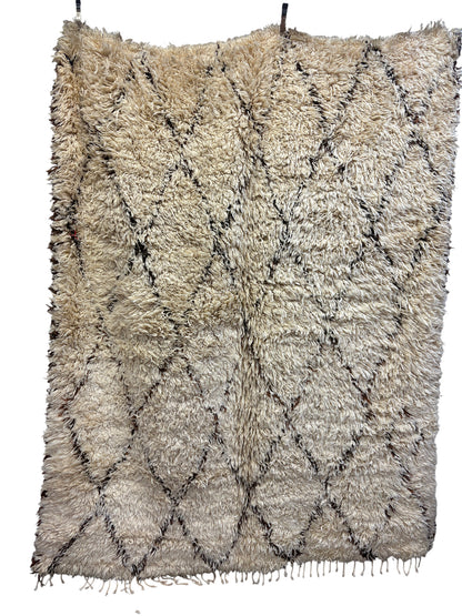 Beni Ourain Shag Rug in Ivory Wool with Faded Diamond Lattice