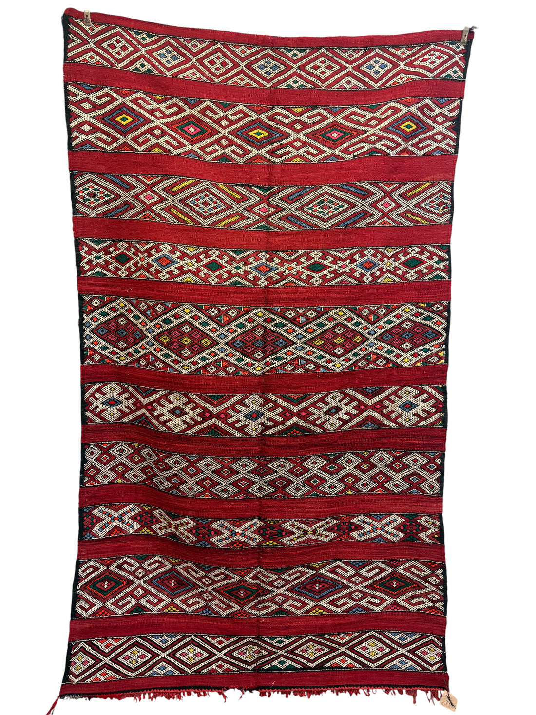 Zemmour Kilim with Crimson Field and Polychrome Brocaded Bands