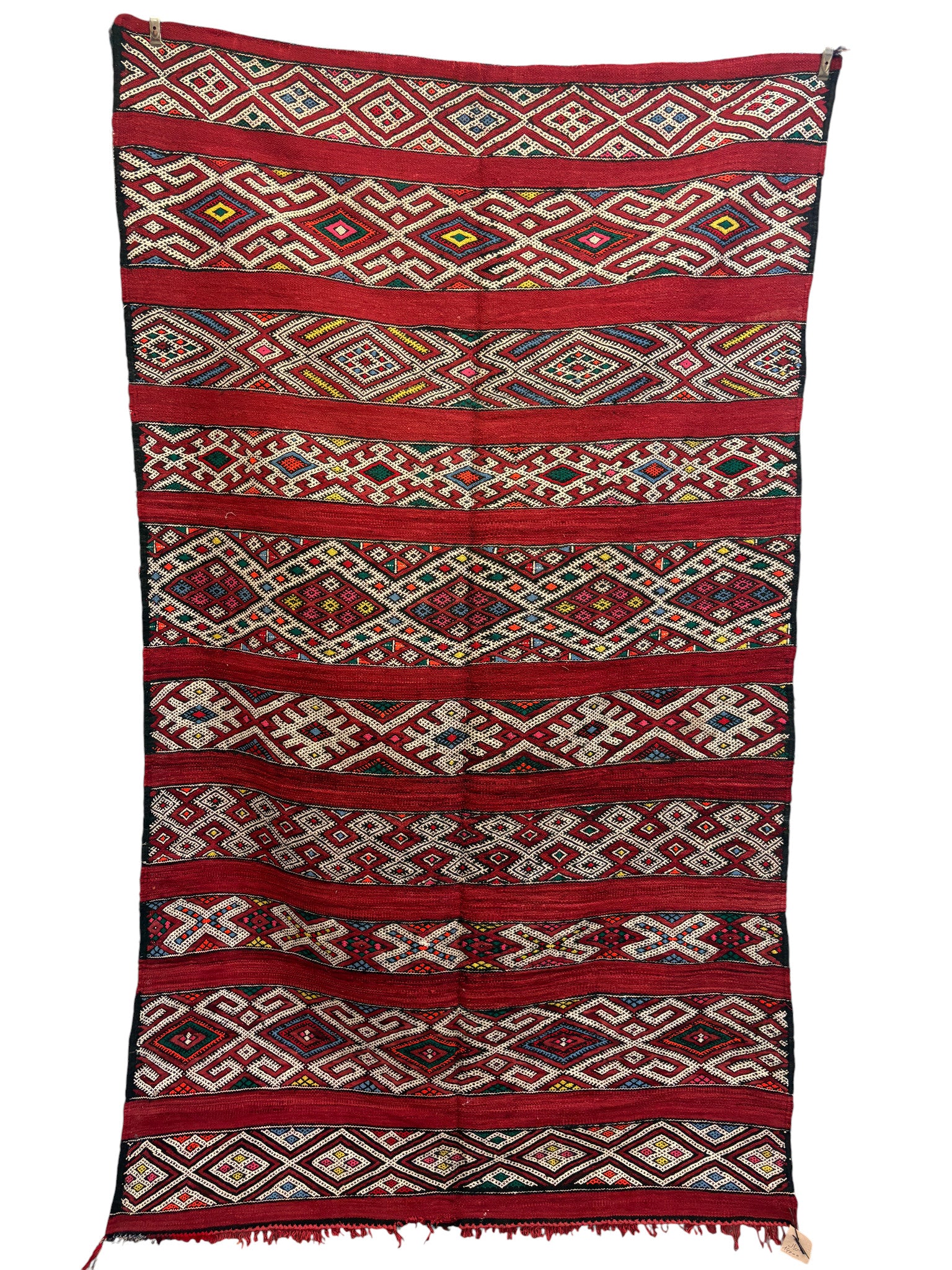 Zemmour Kilim with Crimson Field and Polychrome Brocaded Bands