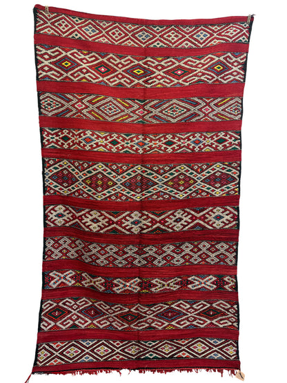 Zemmour Kilim with Crimson Field and Polychrome Brocaded Bands