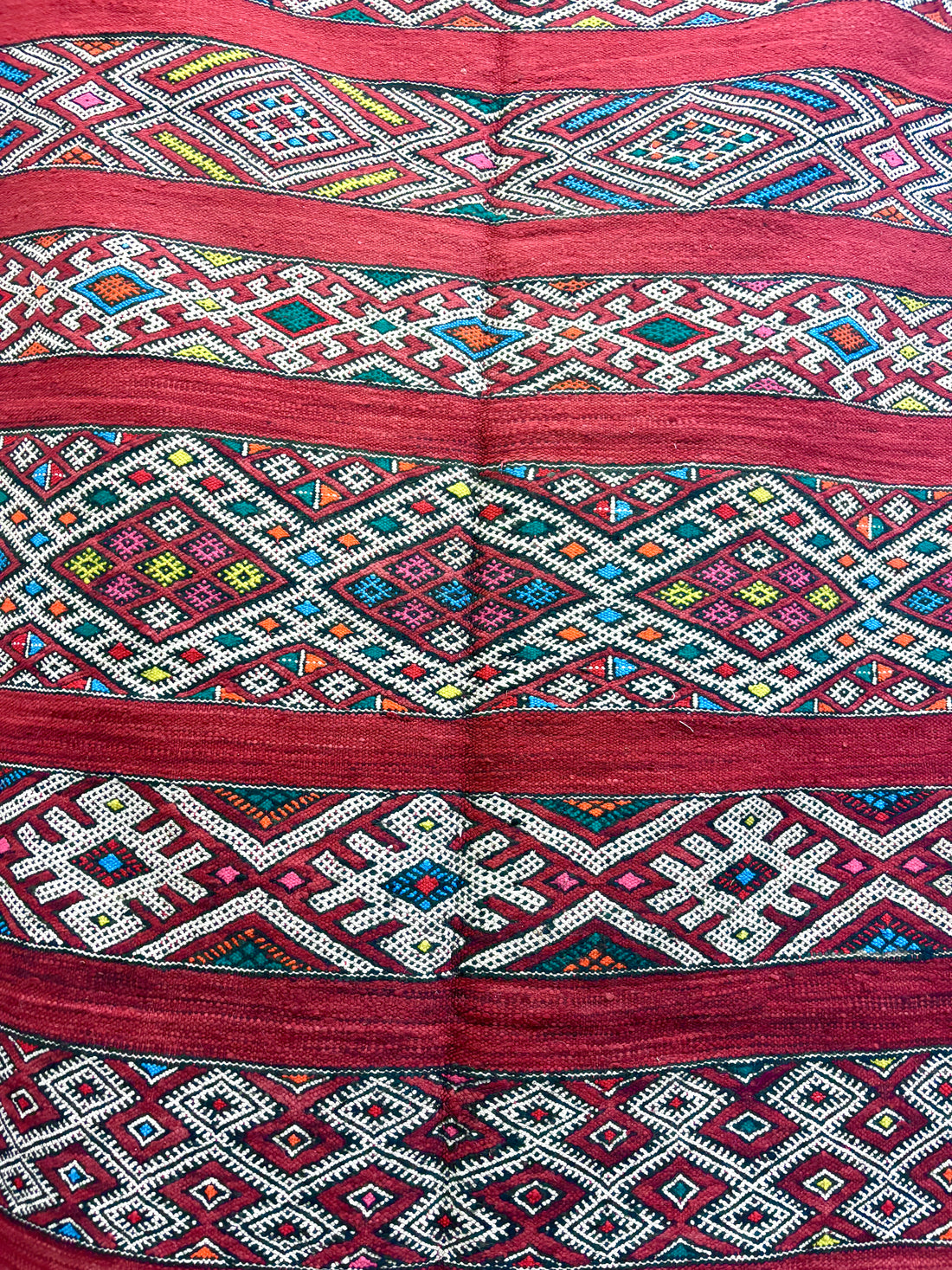 Zemmour Kilim with Crimson Field and Polychrome Brocaded Bands