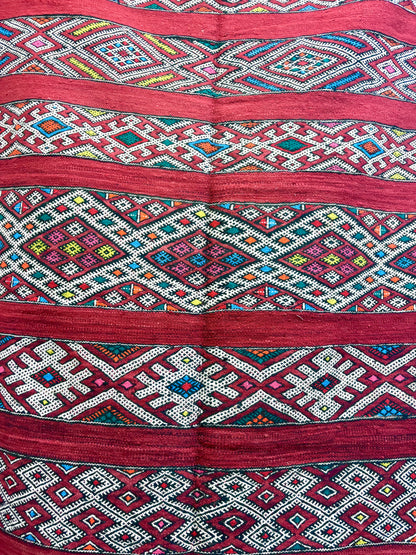 Zemmour Kilim with Crimson Field and Polychrome Brocaded Bands