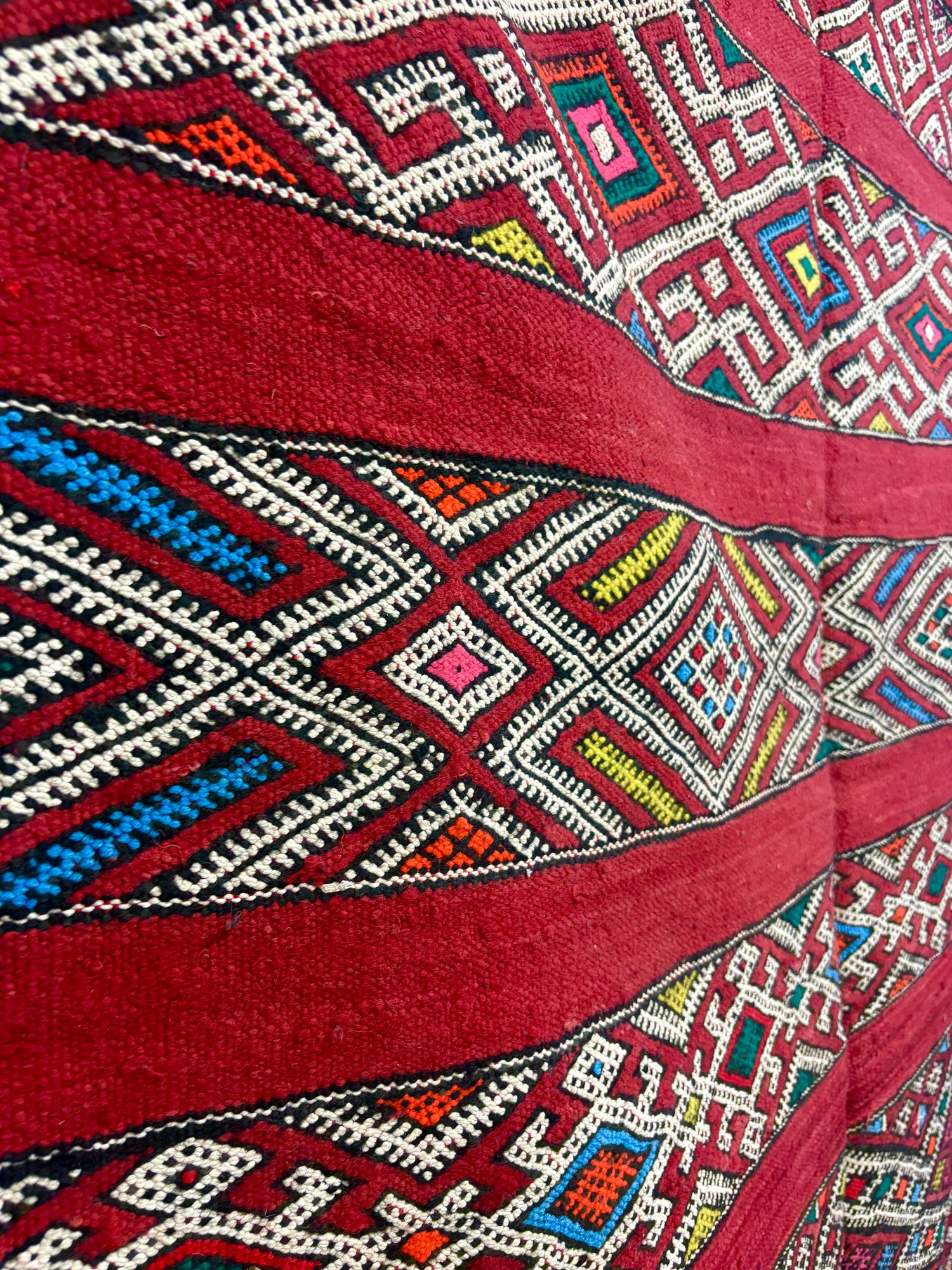 Zemmour Kilim with Crimson Field and Polychrome Brocaded Bands