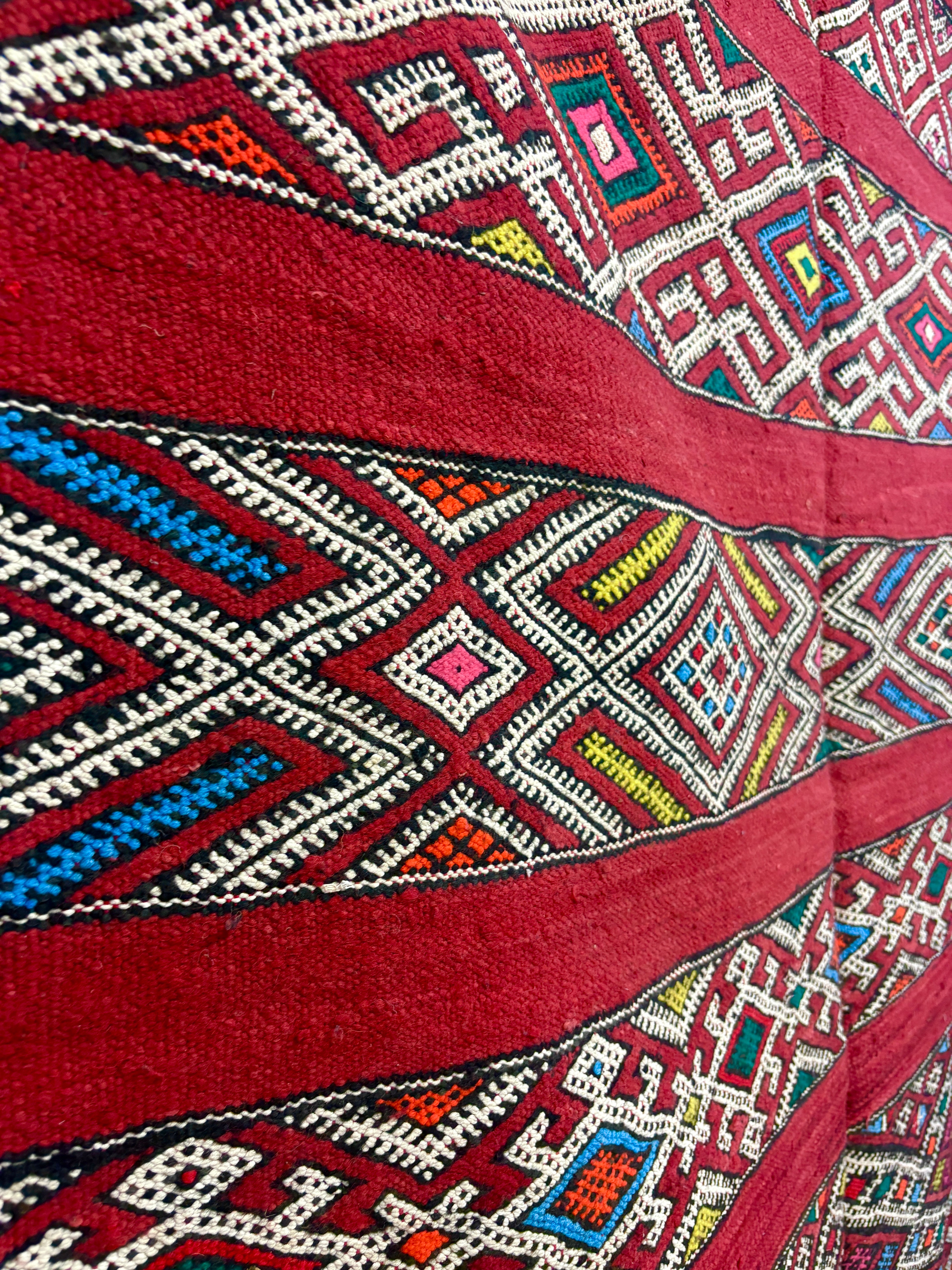Zemmour Kilim with Crimson Field and Polychrome Brocaded Bands