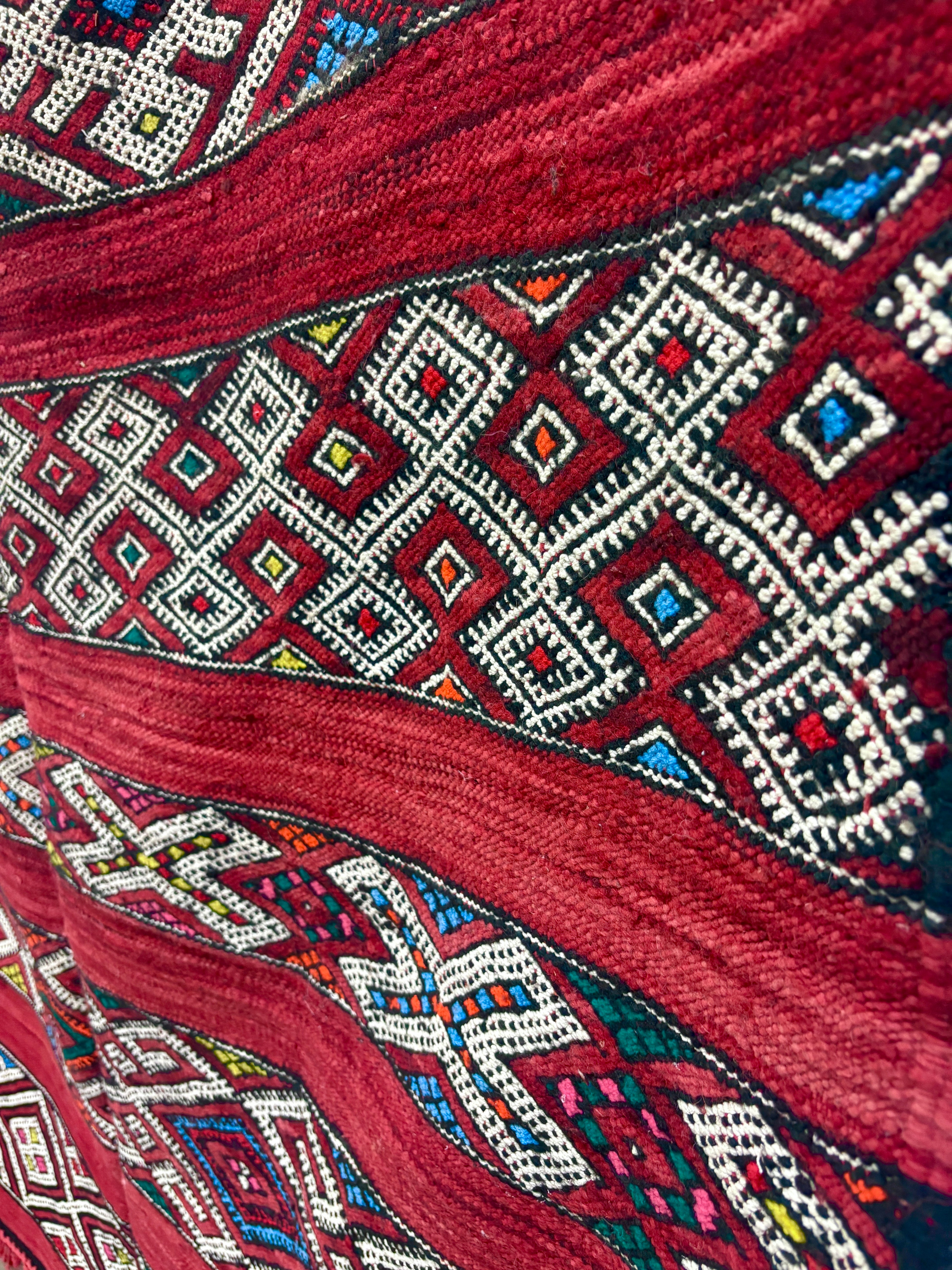 Zemmour Kilim with Crimson Field and Polychrome Brocaded Bands