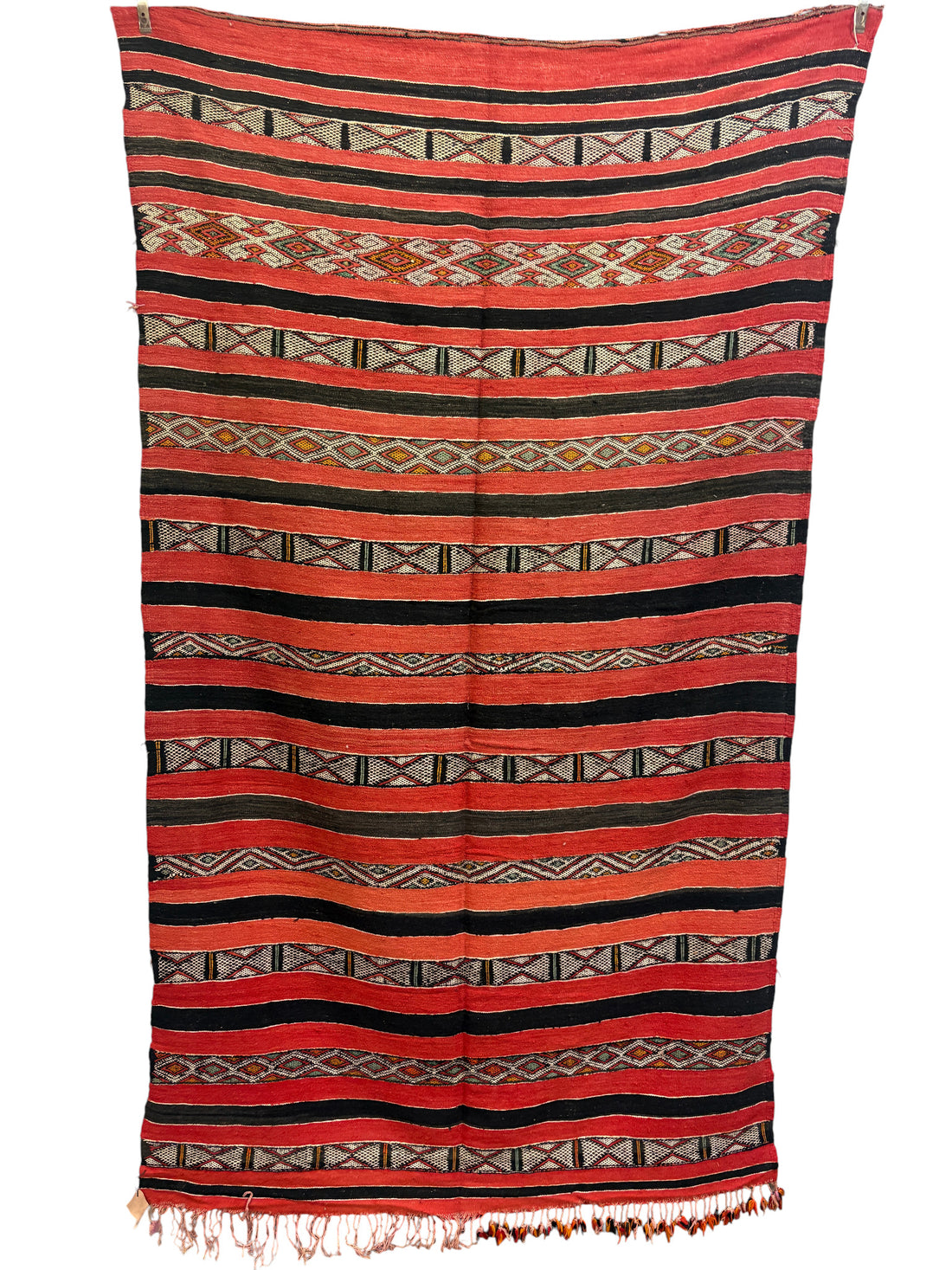 Aït Bou Ichaouen Kilim with Coral and Black Striped Field