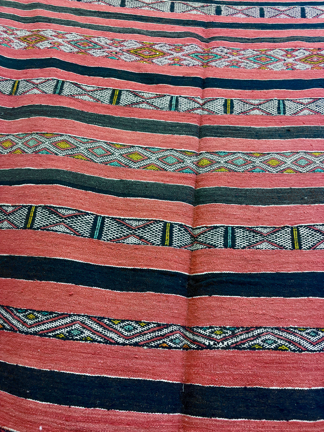 Aït Bou Ichaouen Kilim with Coral and Black Striped Field