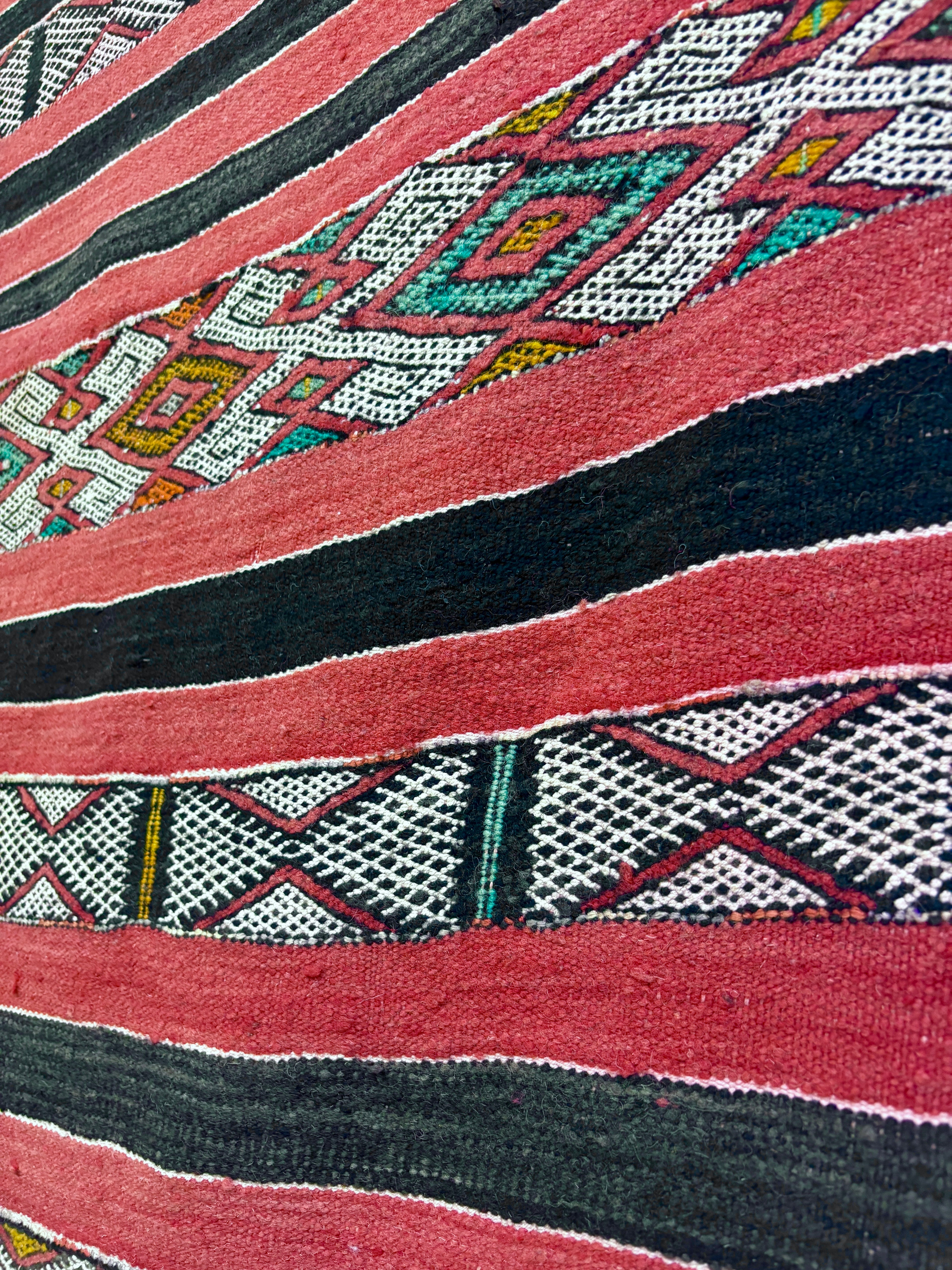 Aït Bou Ichaouen Kilim with Coral and Black Striped Field