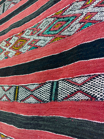 Aït Bou Ichaouen Kilim with Coral and Black Striped Field