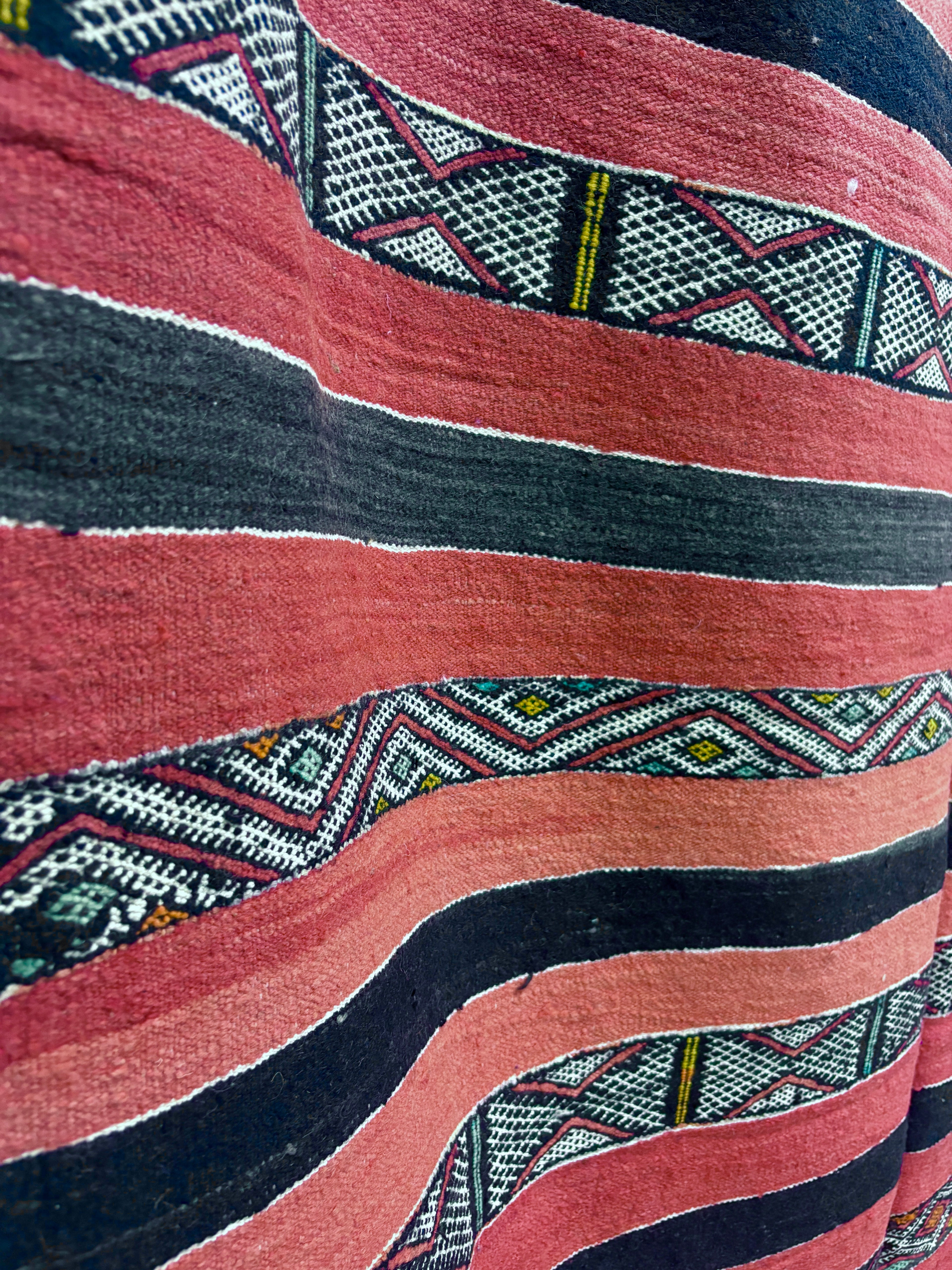 Aït Bou Ichaouen Kilim with Coral and Black Striped Field