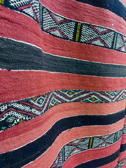 Aït Bou Ichaouen Kilim with Coral and Black Striped Field
