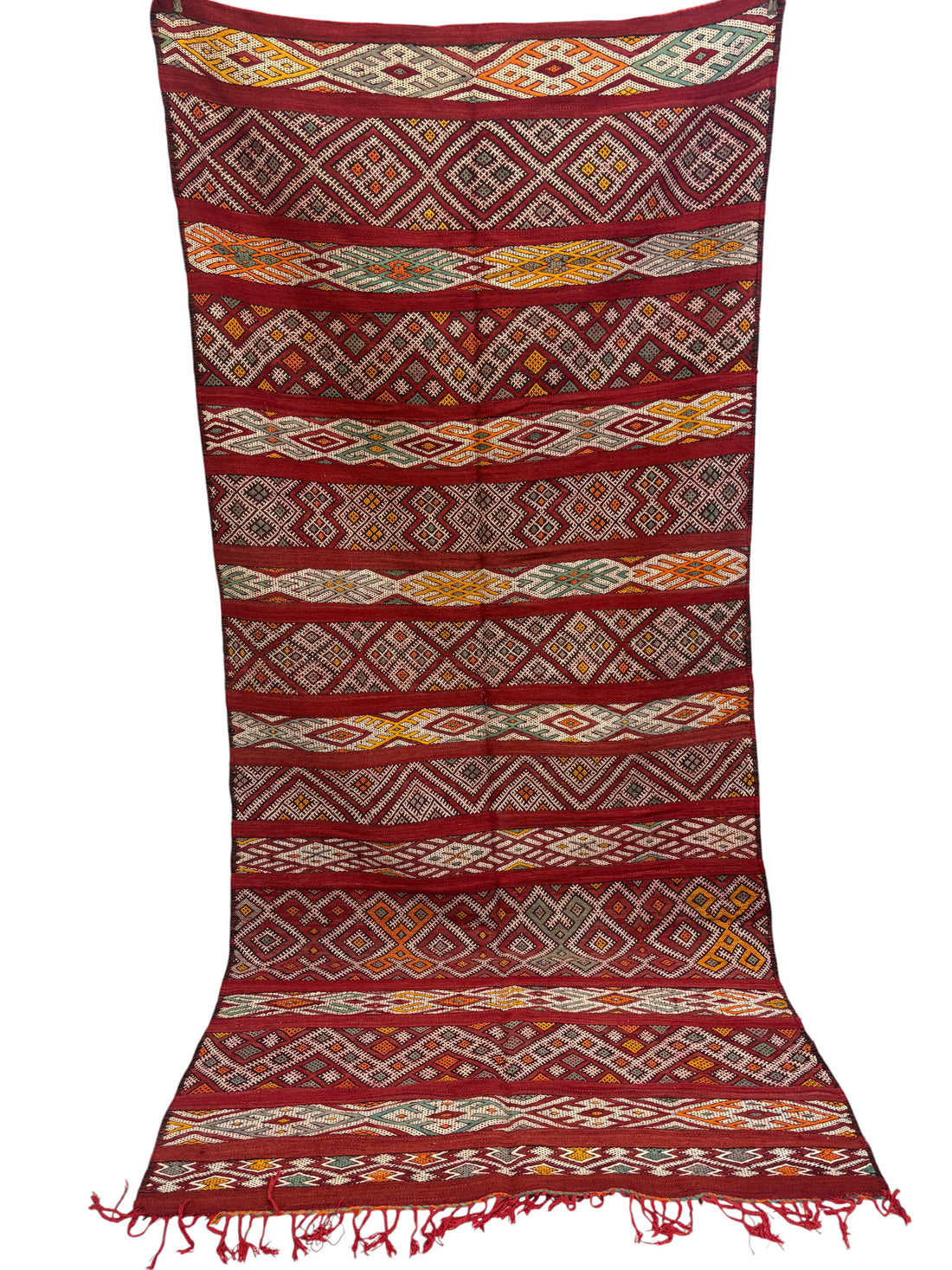 Kilim with Crimson Field and Continuous Brocaded Bands