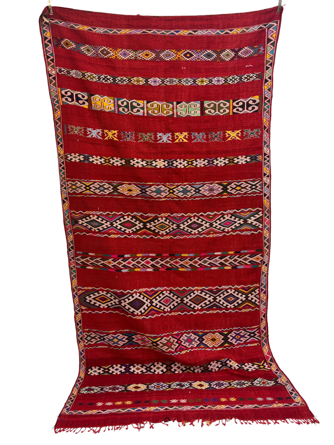 Kilim with Crimson Field and Polychrome Brocaded Bands