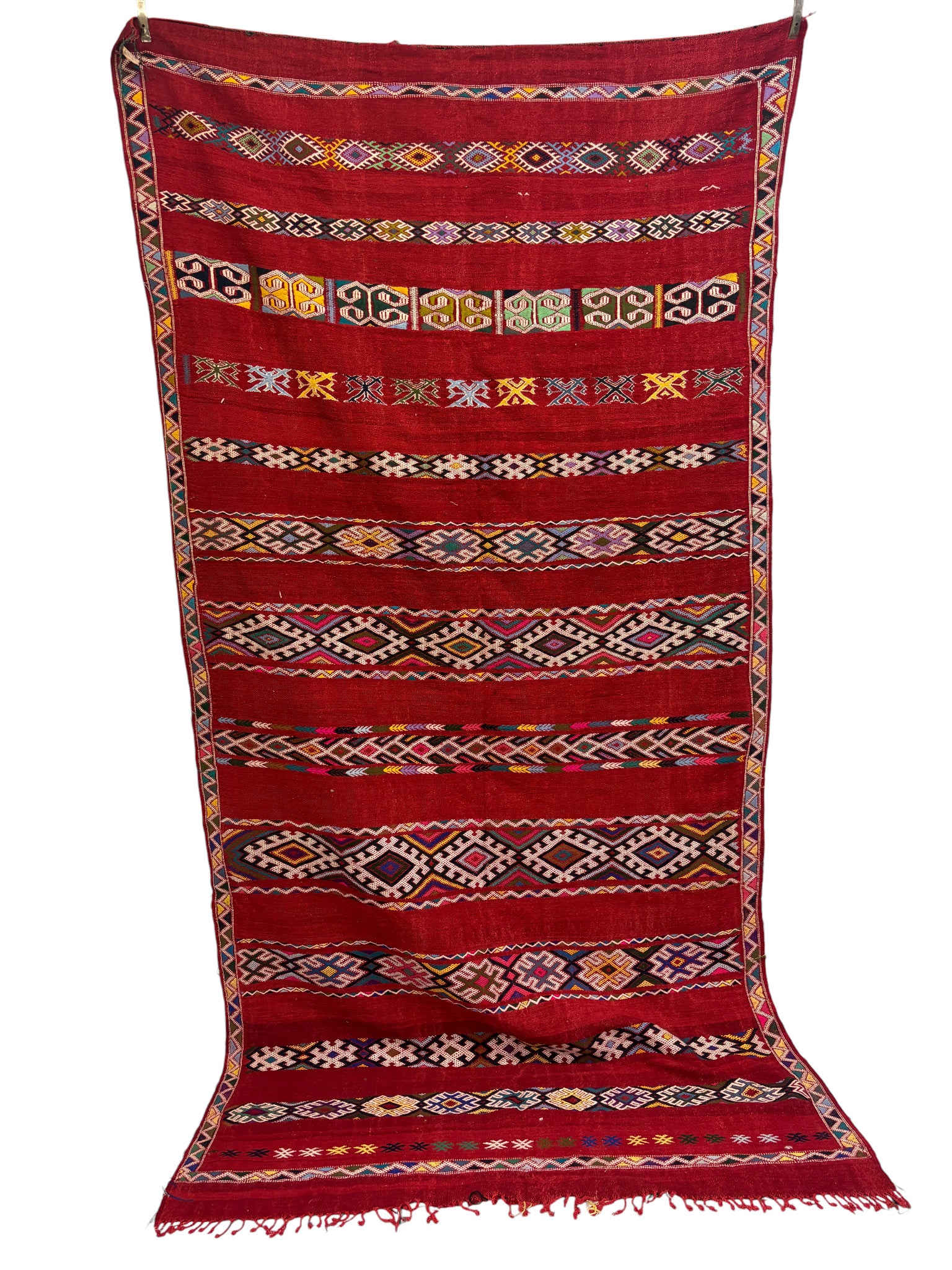 Kilim with Crimson Field and Polychrome Brocaded Bands