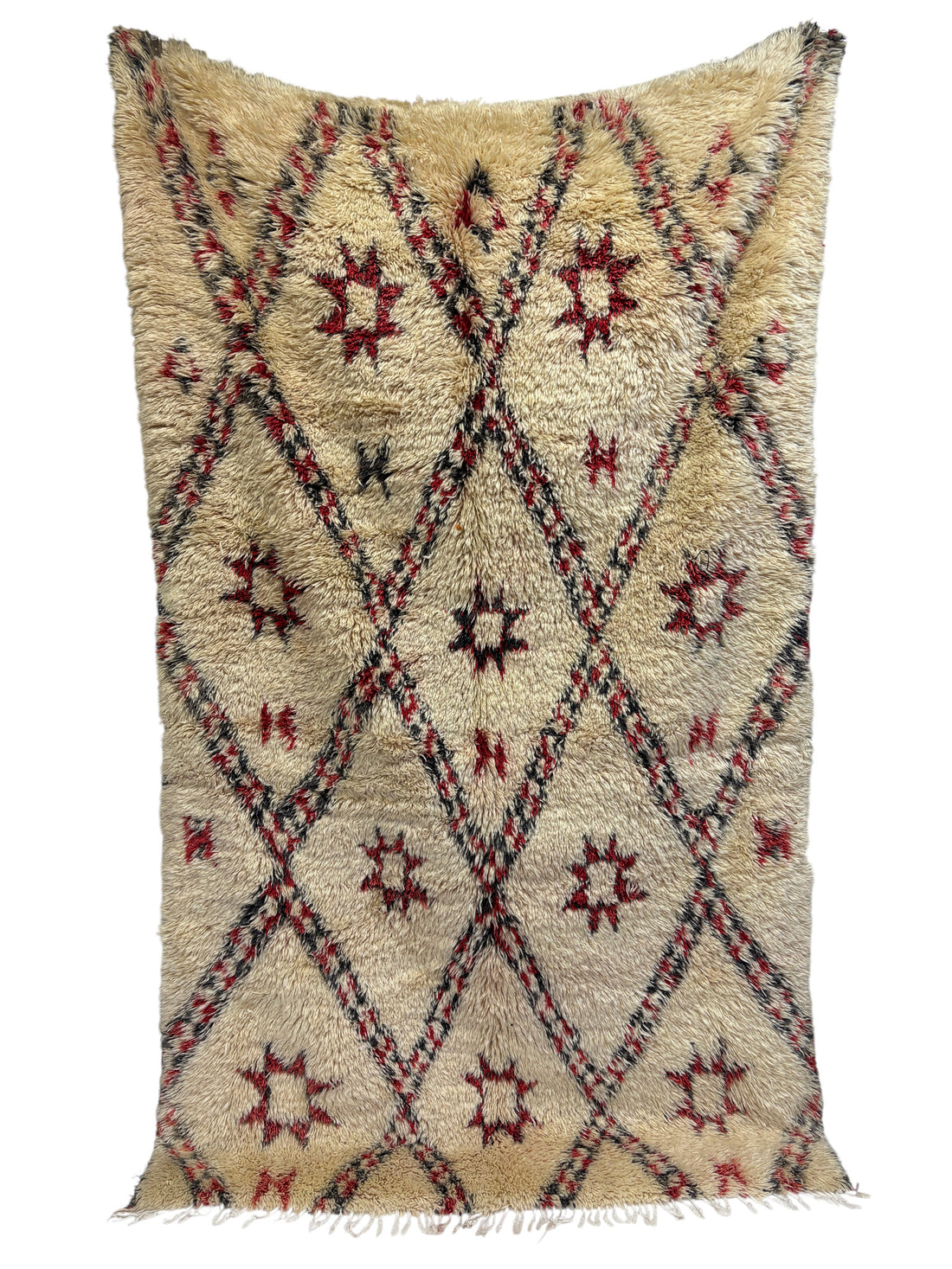 Beni Ourain Rug with Diamond Lattice and Crimson Stars