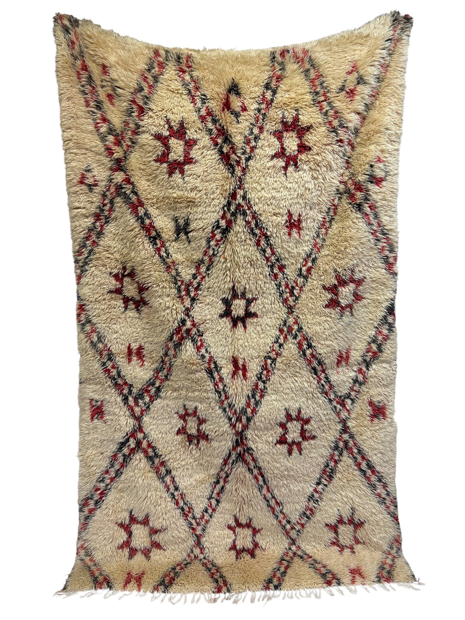 Beni Ourain Rug with Diamond Lattice and Crimson Stars
