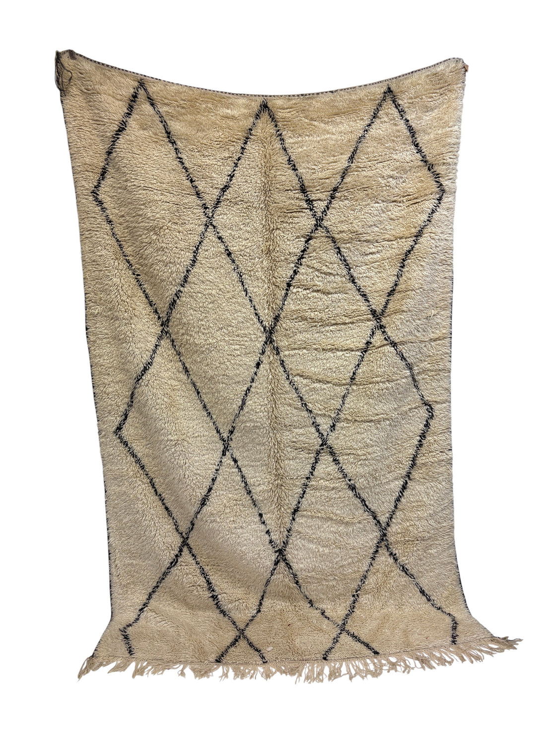 Handwoven Beni Ourain Moroccan Rug in Ivory Wool with Classic Black Diamond Lattice