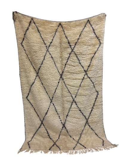 Handwoven Beni Ourain Moroccan Rug in Ivory Wool with Classic Black Diamond Lattice