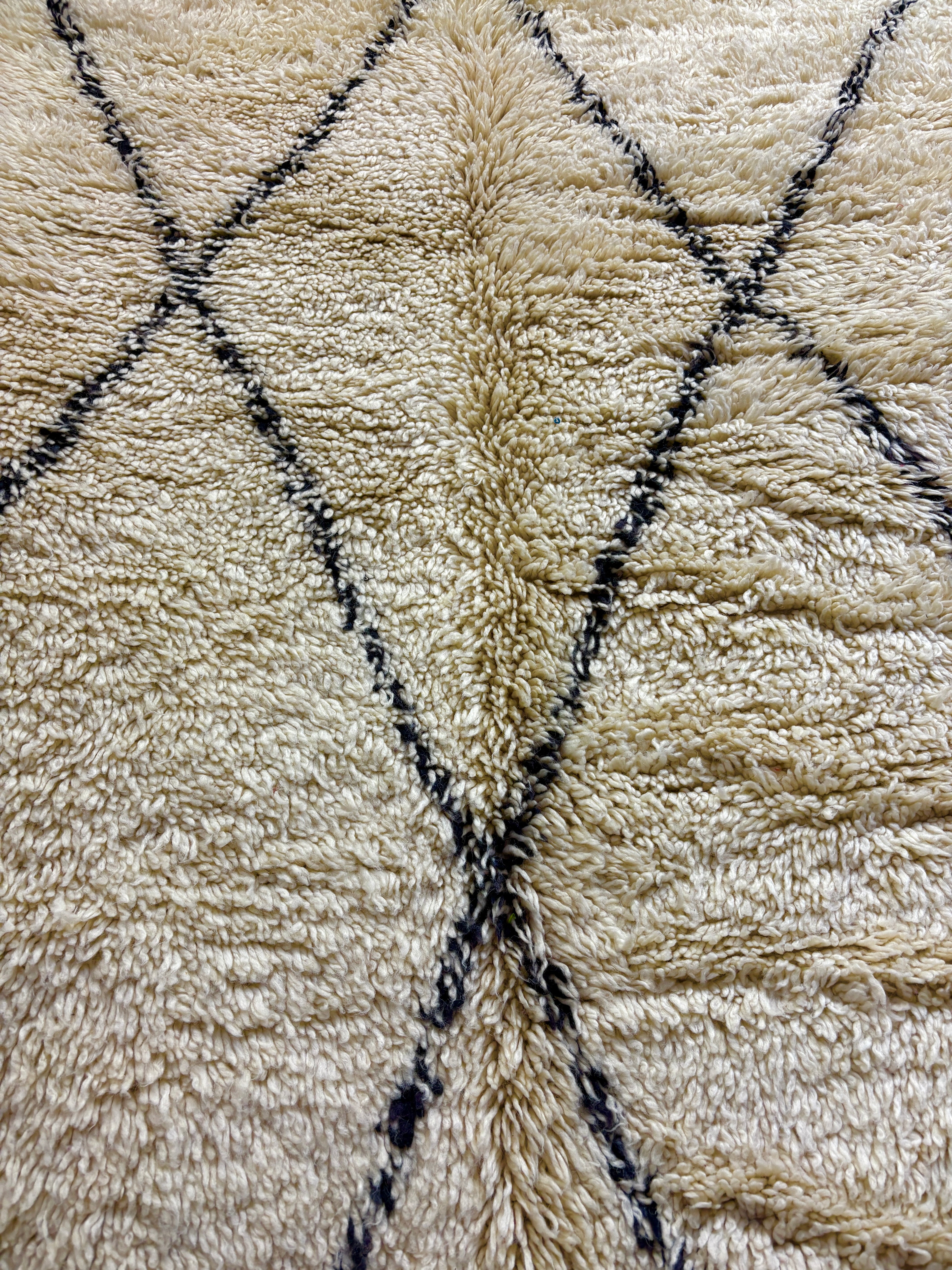 Handwoven Beni Ourain Moroccan Rug in Ivory Wool with Classic Black Diamond Lattice