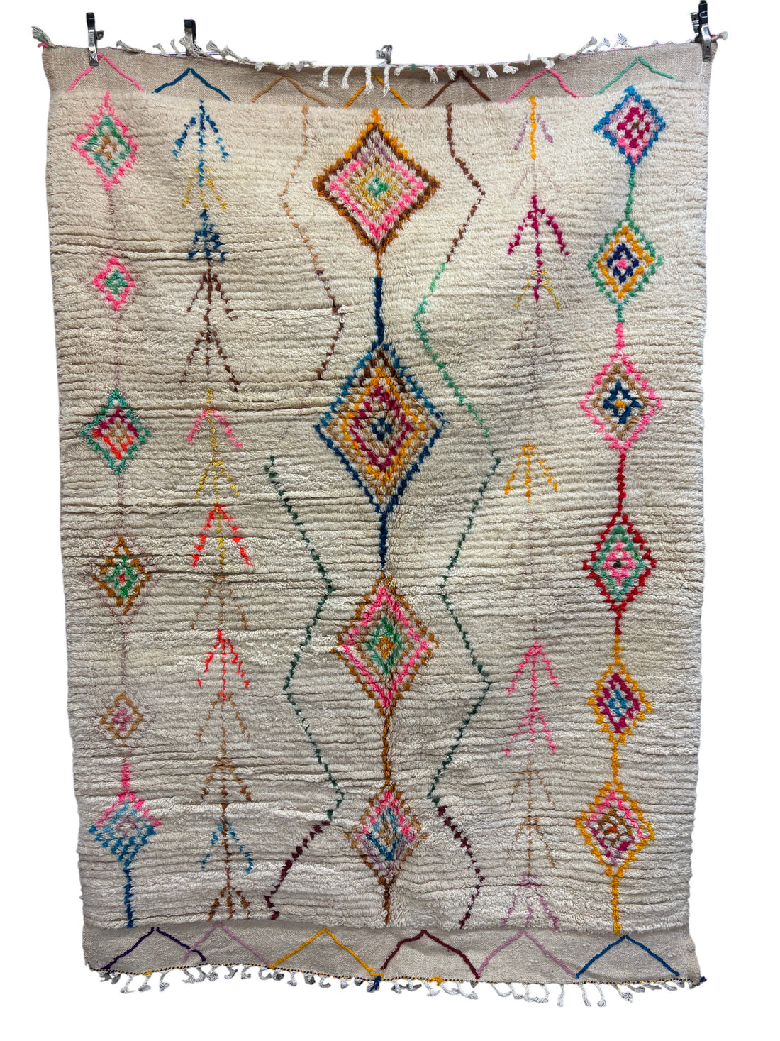 Handwoven Azilal Berber Rug in Ivory Wool with Polychrome Diamonds