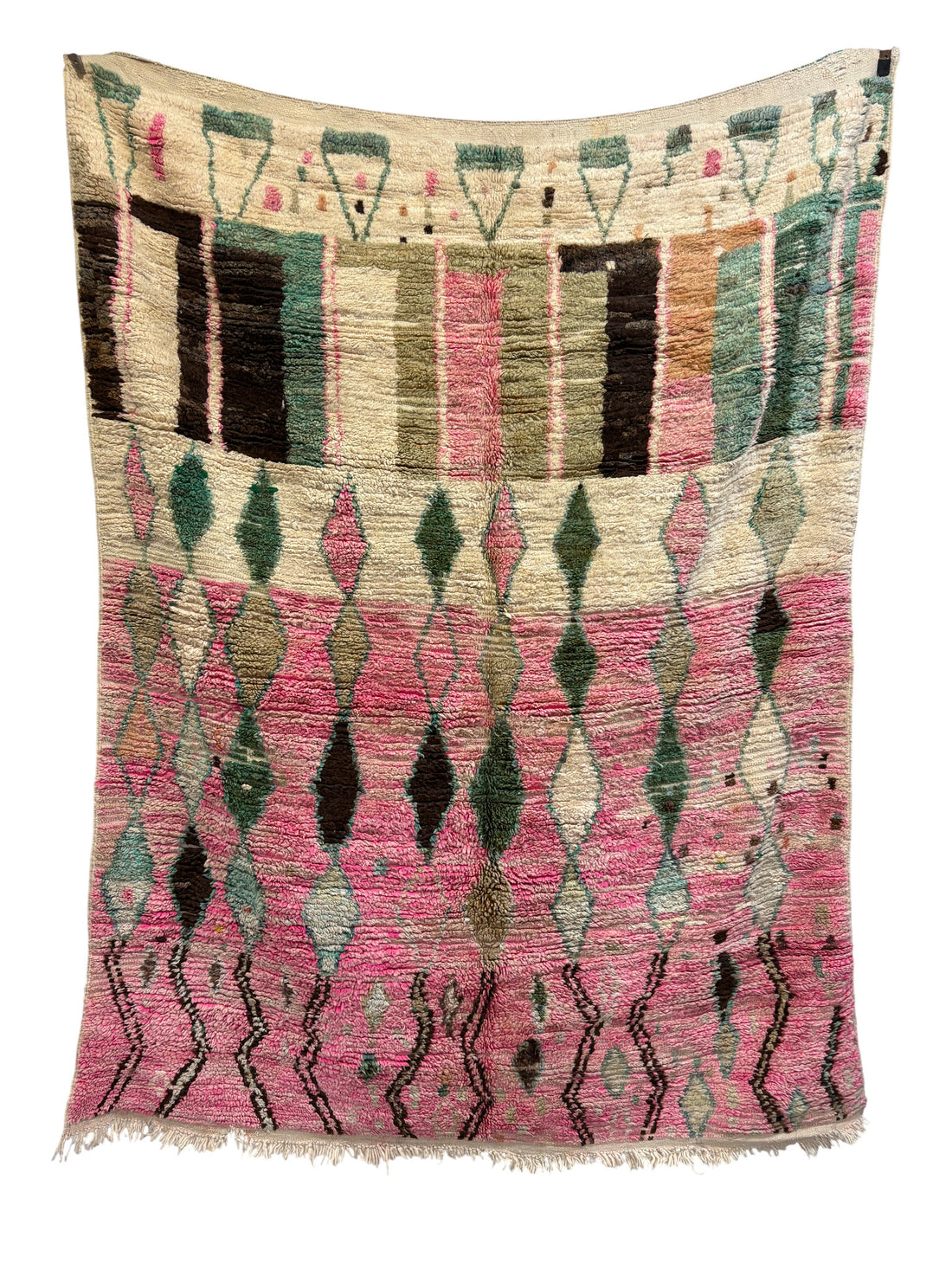 Handwoven Boujaad Moroccan Rug in Rose Pink, Sage, and Cream Wool