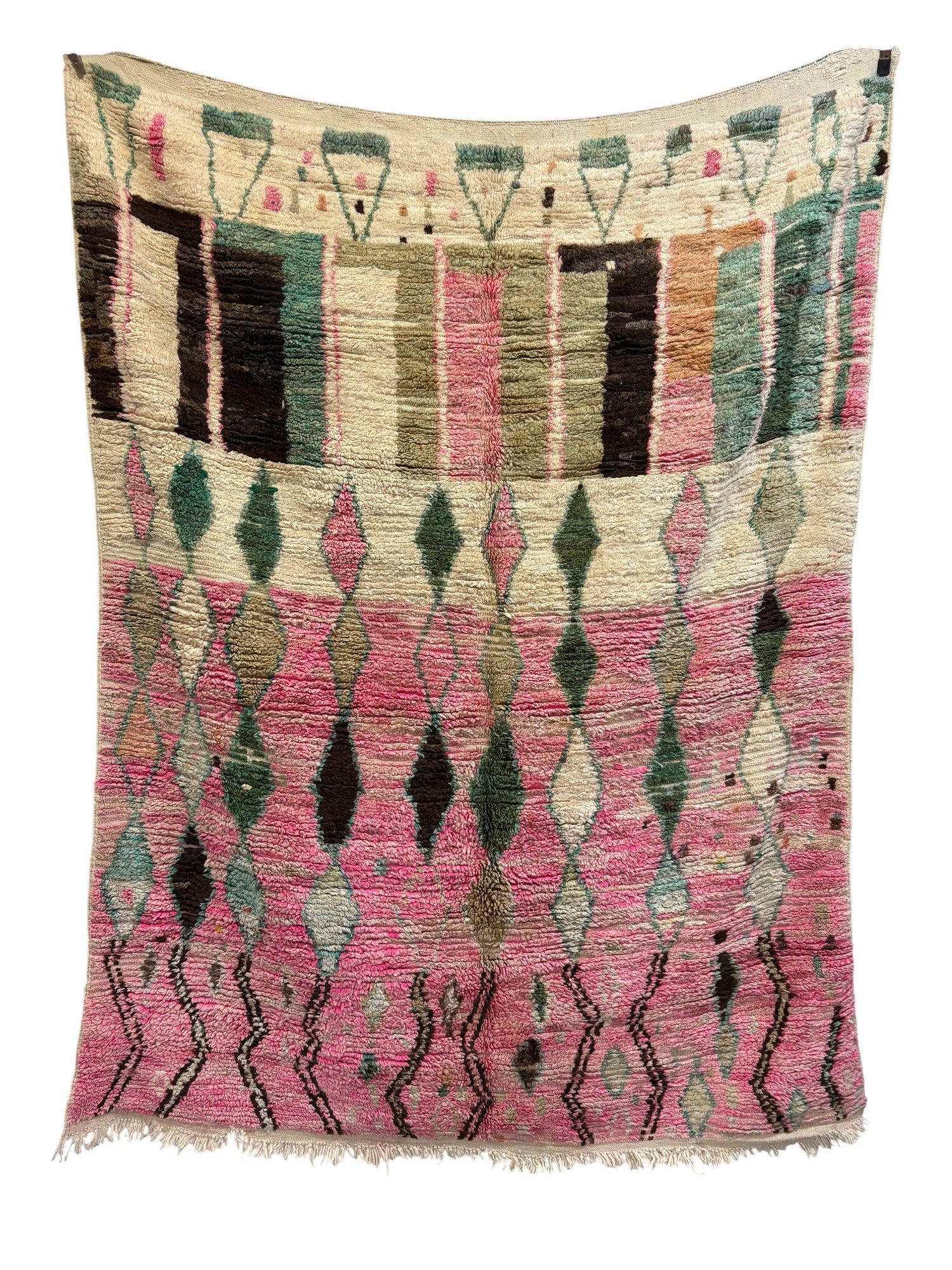 Handwoven Boujaad Moroccan Rug in Rose Pink, Sage, and Cream Wool