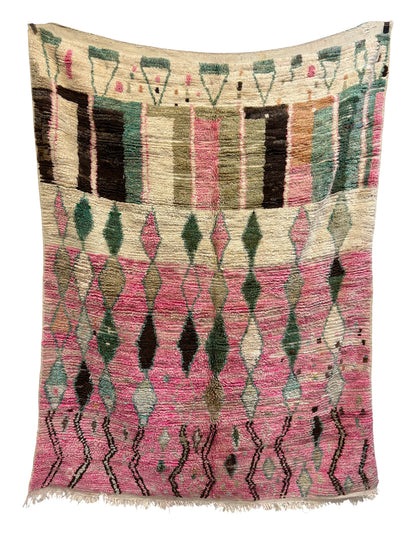 Handwoven Boujaad Moroccan Rug in Rose Pink, Sage, and Cream Wool