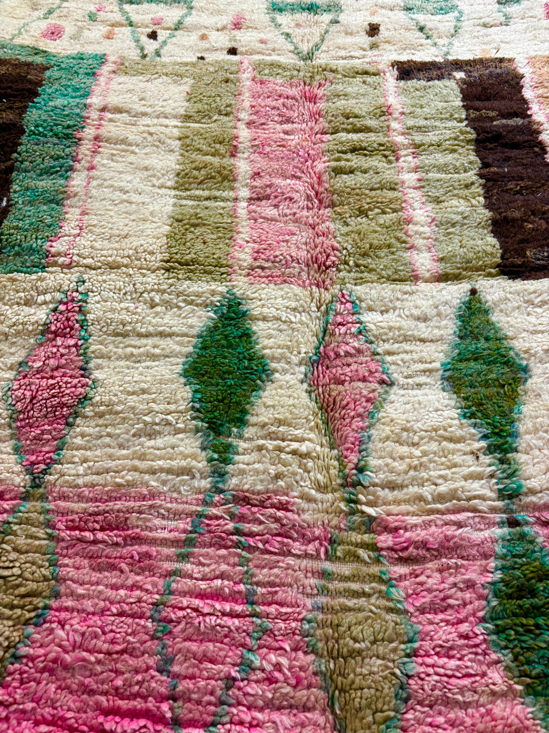 Handwoven Boujaad Moroccan Rug in Rose Pink, Sage, and Cream Wool