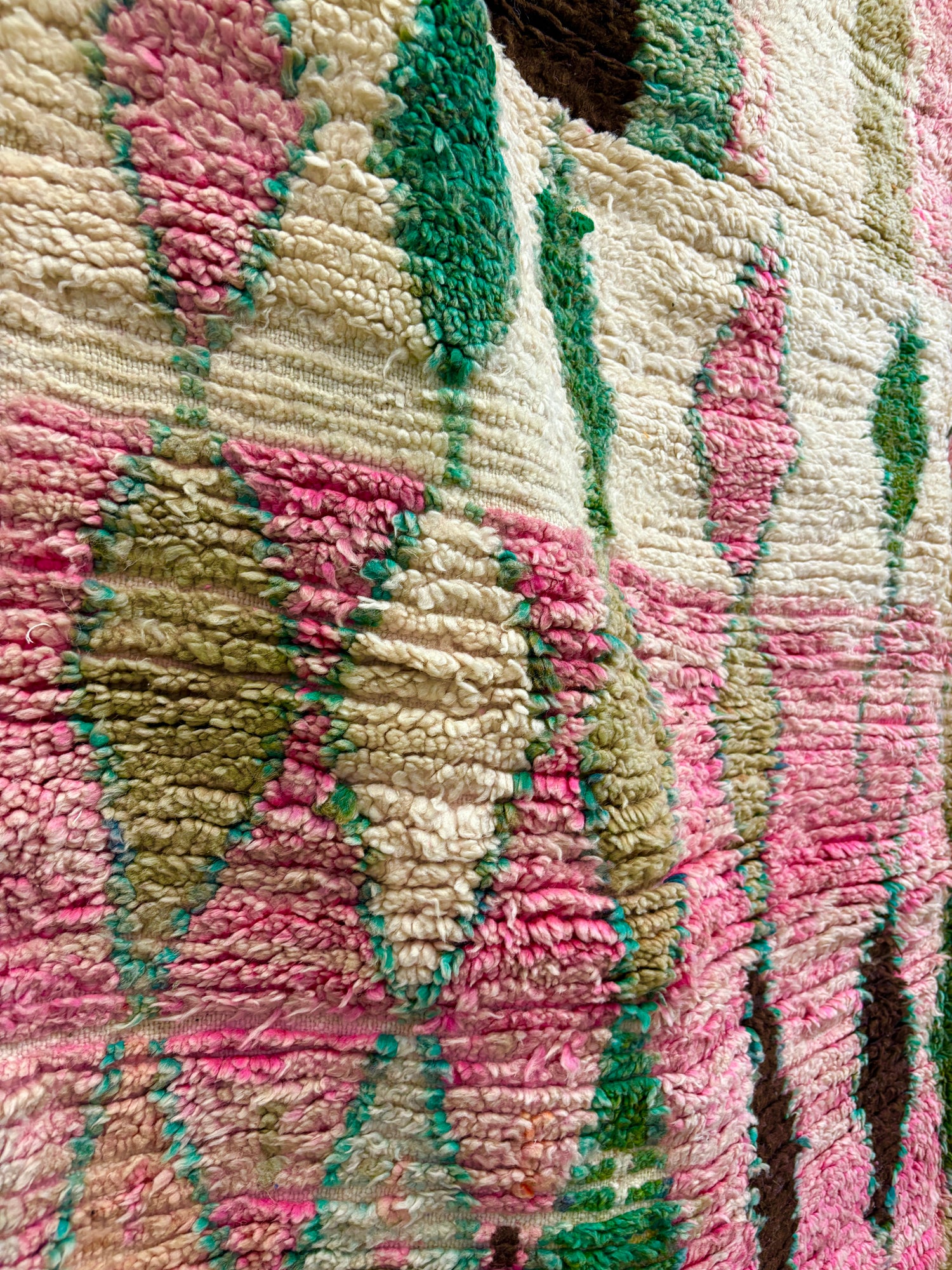 Handwoven Boujaad Moroccan Rug in Rose Pink, Sage, and Cream Wool