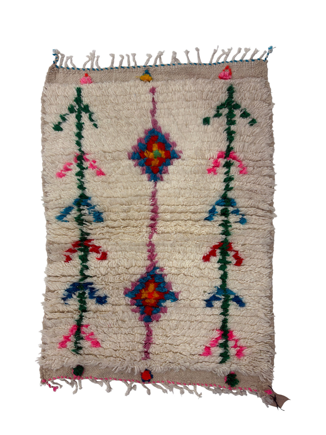 Handwoven Azilal Berber Accent Rug in Ivory Wool with Tree-of-Life Glyphs