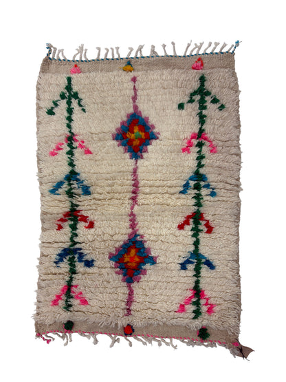 Handwoven Azilal Berber Accent Rug in Ivory Wool with Tree-of-Life Glyphs