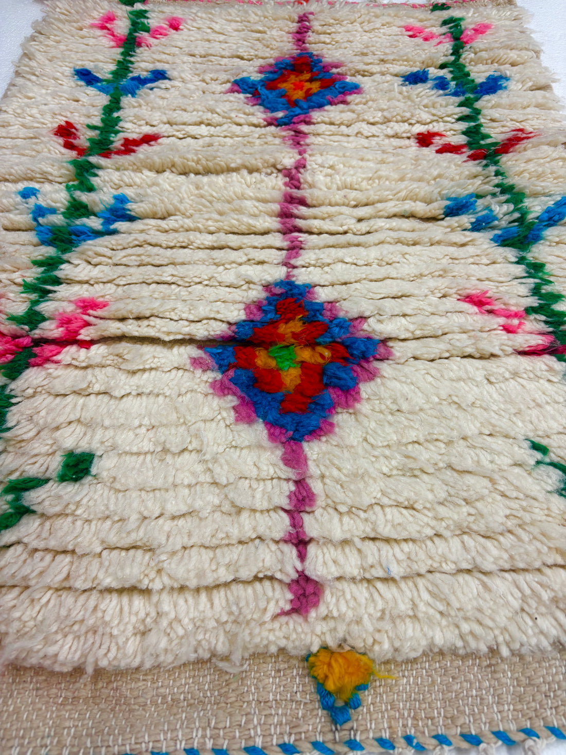 Handwoven Azilal Berber Accent Rug in Ivory Wool with Tree-of-Life Glyphs