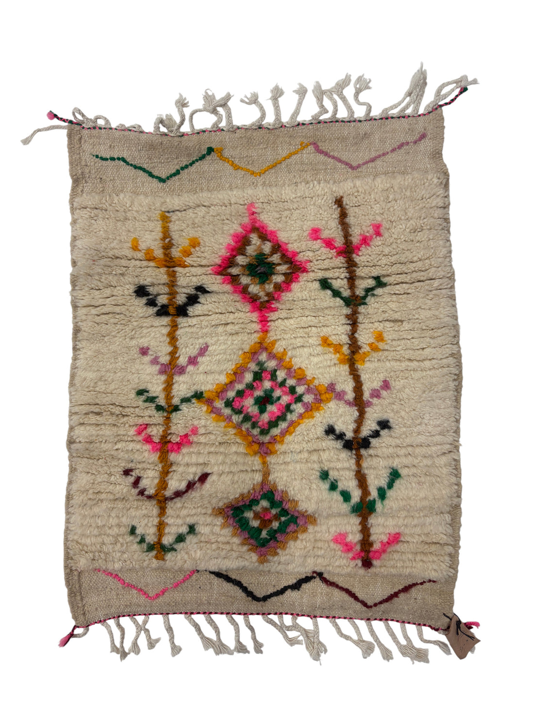 Handwoven Azilal Berber Accent Rug in Ivory Wool with Floral Tree Motifs