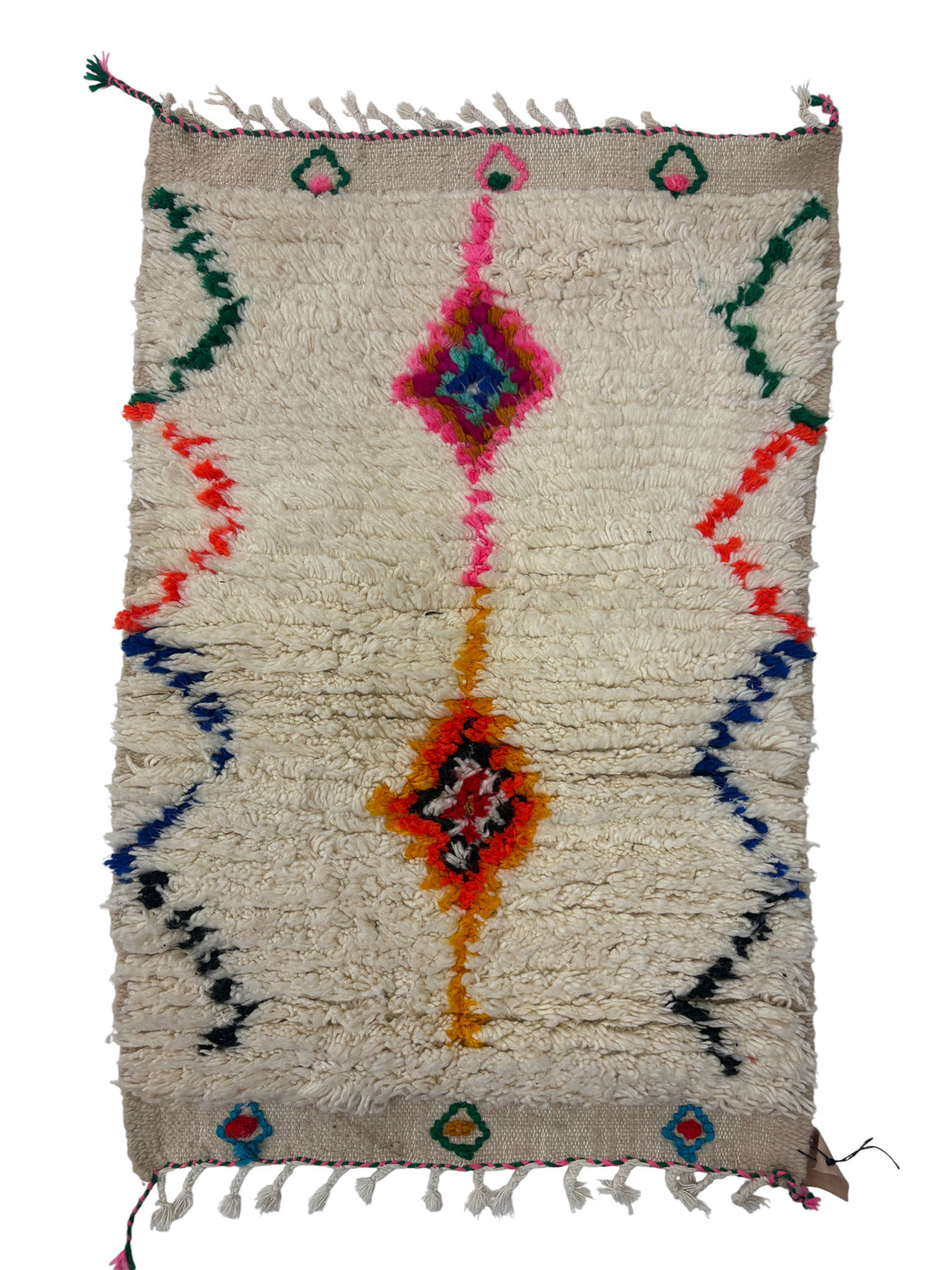 Handwoven Azilal Berber Accent Rug in Ivory Wool with Diamond Medallions