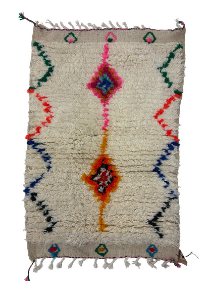 Handwoven Azilal Berber Accent Rug in Ivory Wool with Diamond Medallions