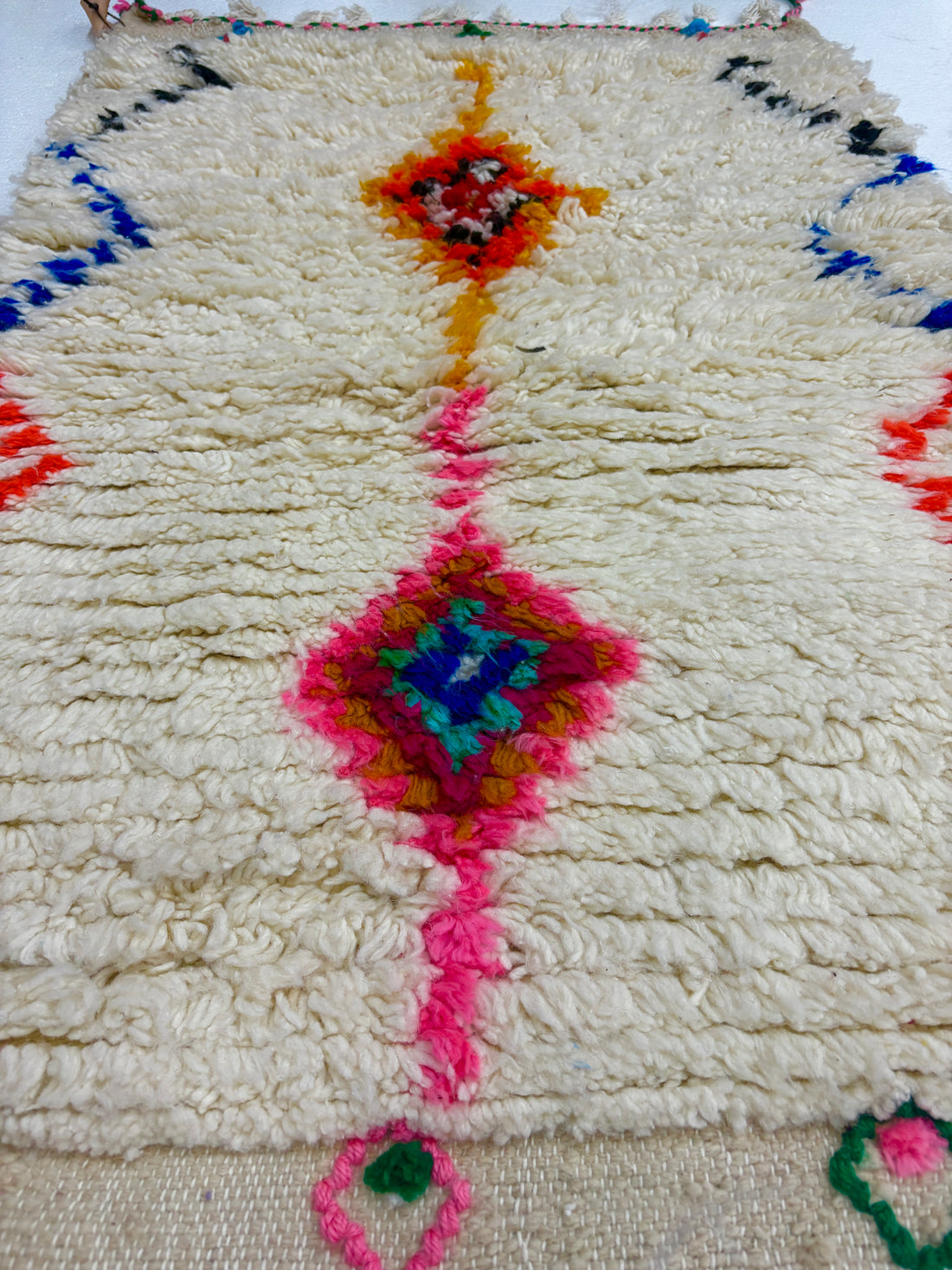 Handwoven Azilal Berber Accent Rug in Ivory Wool with Diamond Medallions