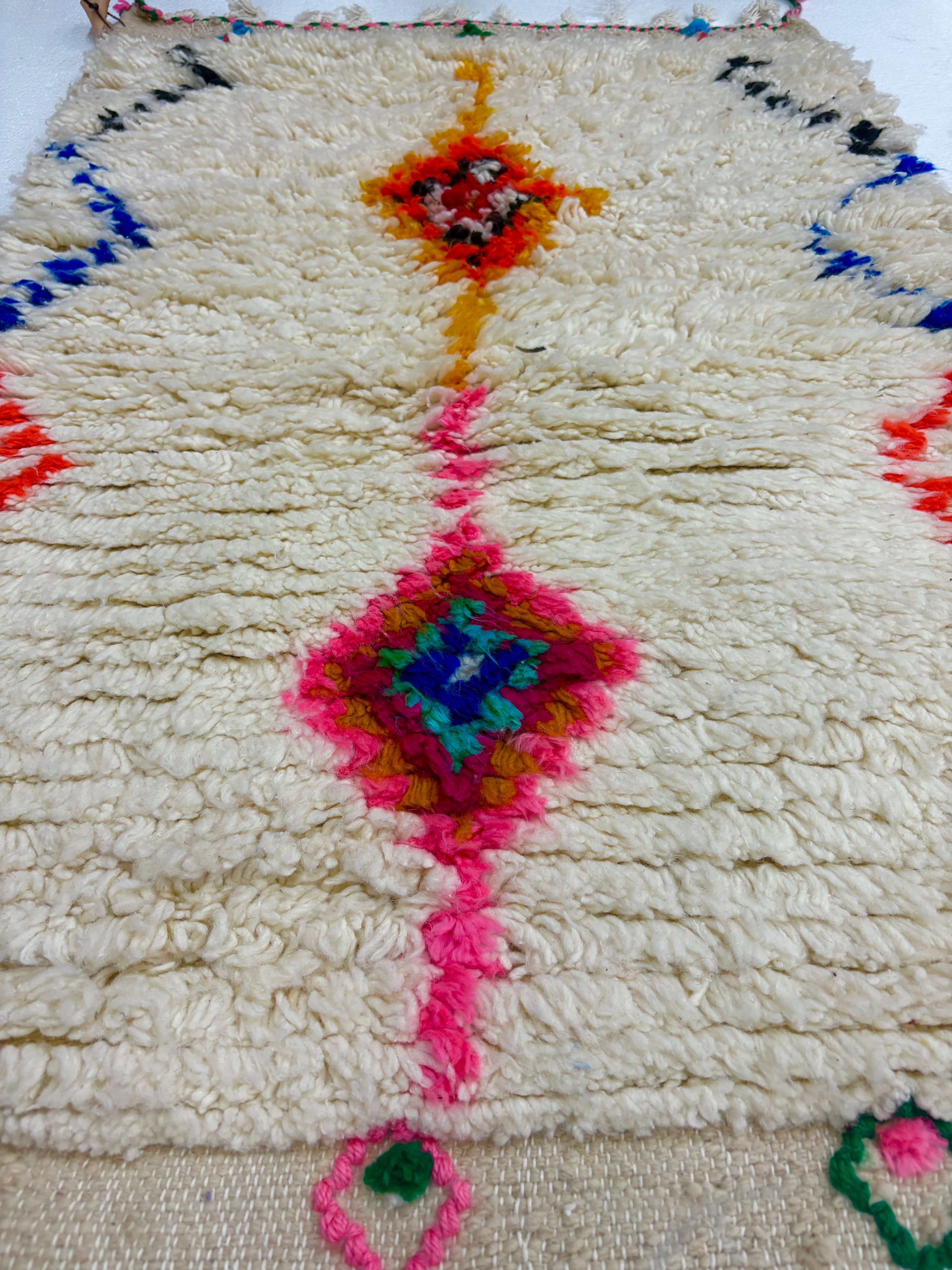 Handwoven Azilal Berber Accent Rug in Ivory Wool with Diamond Medallions