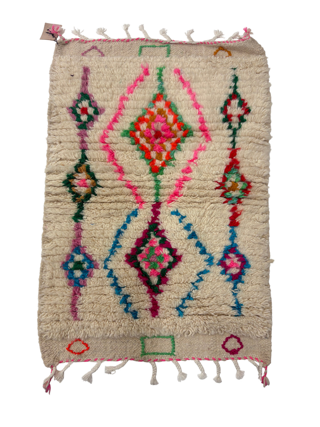 Handwoven Azilal Berber Accent Rug in Ivory Wool with Stacked Diamond Medallions