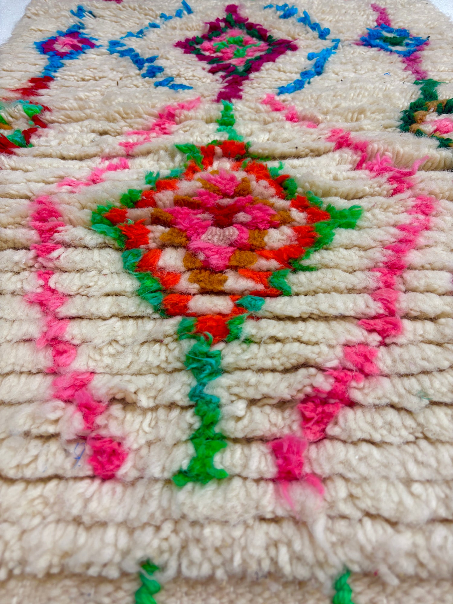Handwoven Azilal Berber Accent Rug in Ivory Wool with Stacked Diamond Medallions