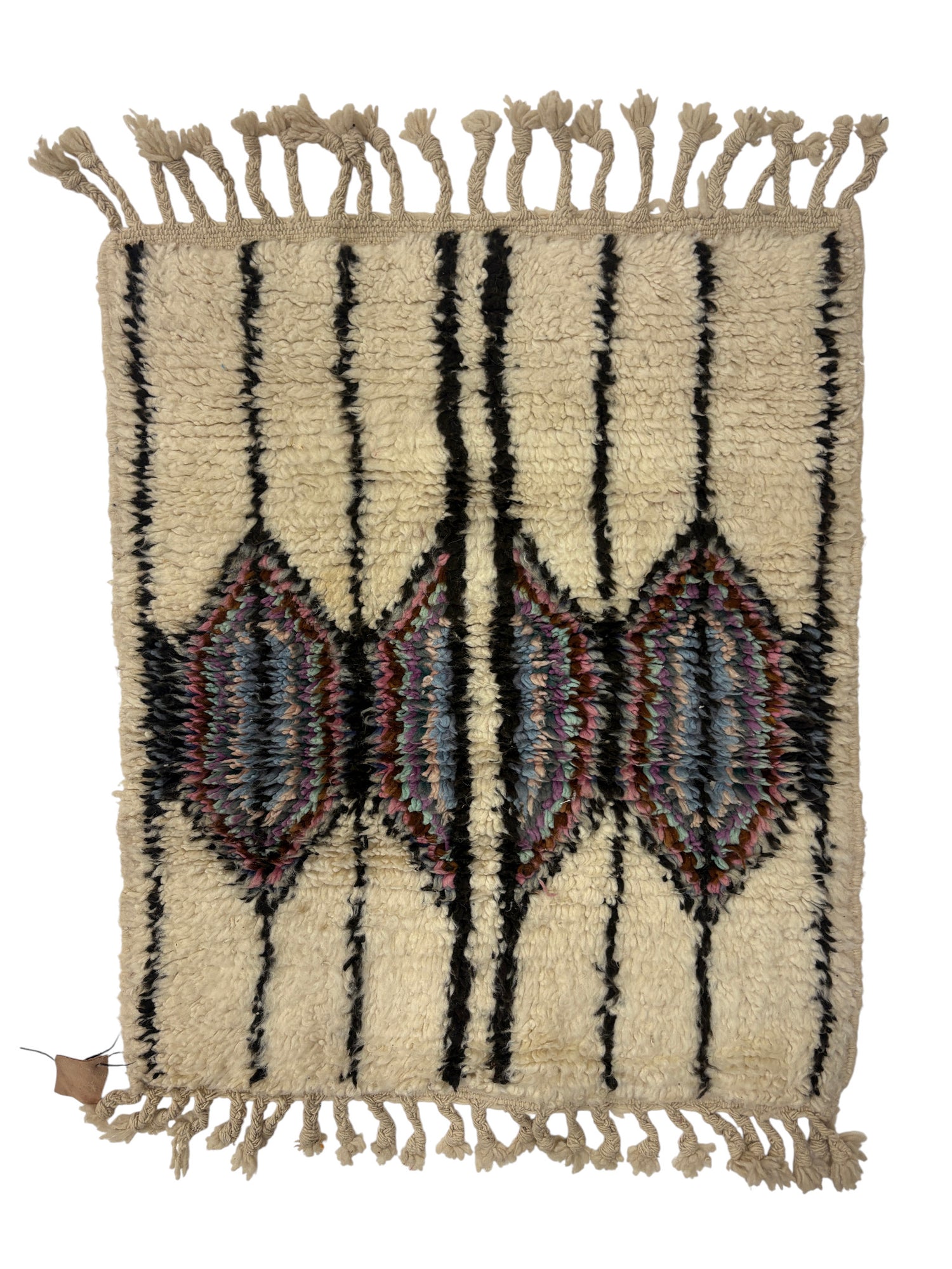 Handwoven Azilal Berber Accent Rug in Ivory Wool with Vertical Stripes