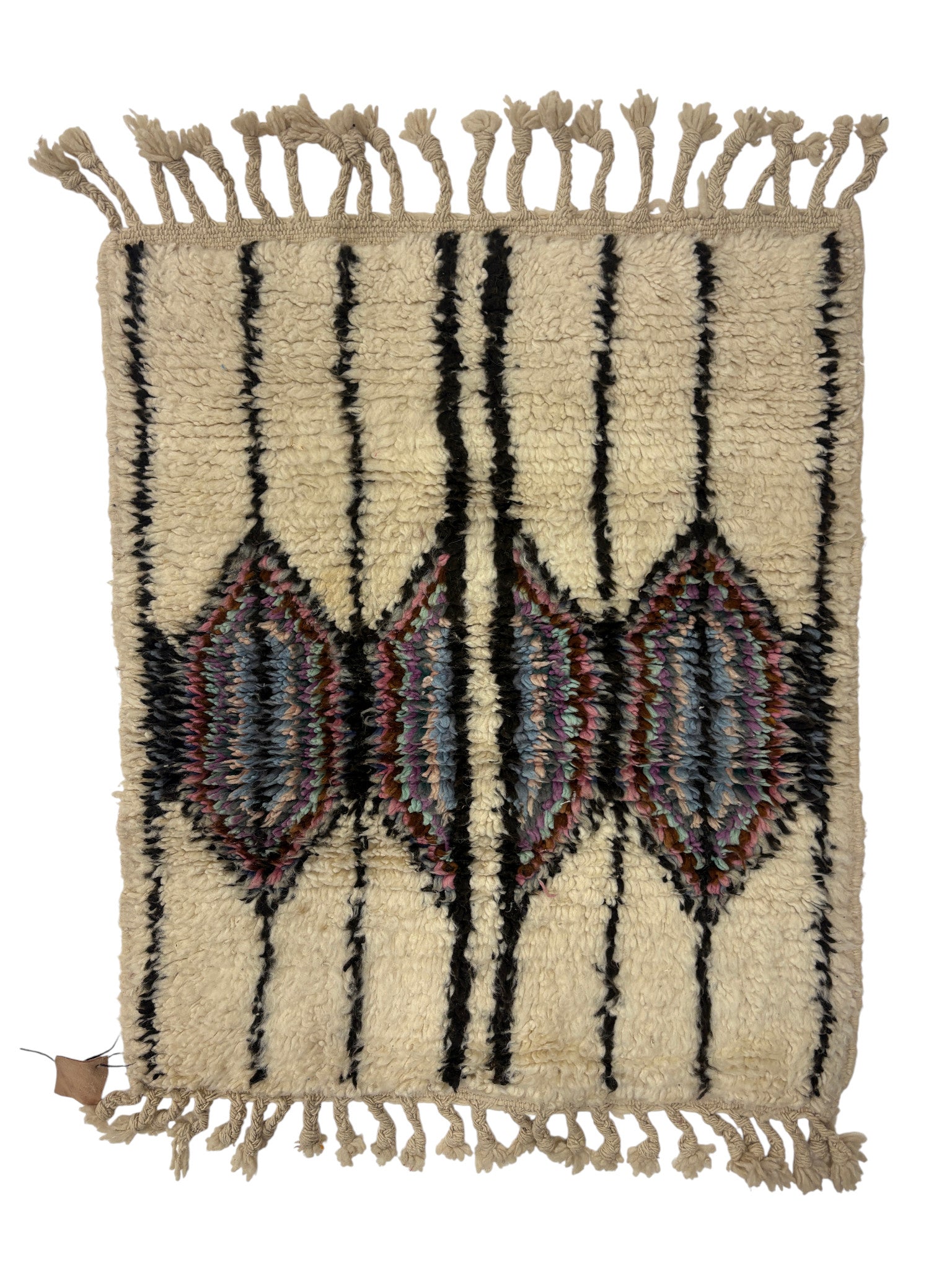 Handwoven Azilal Berber Accent Rug in Ivory Wool with Vertical Stripes