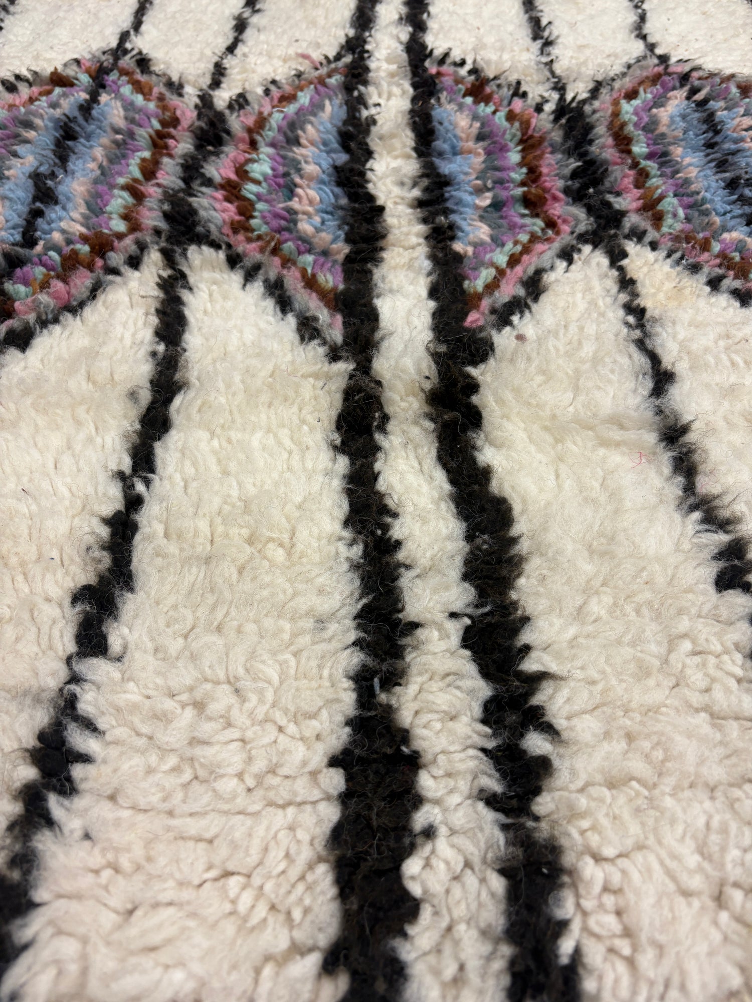 Handwoven Azilal Berber Accent Rug in Ivory Wool with Vertical Stripes