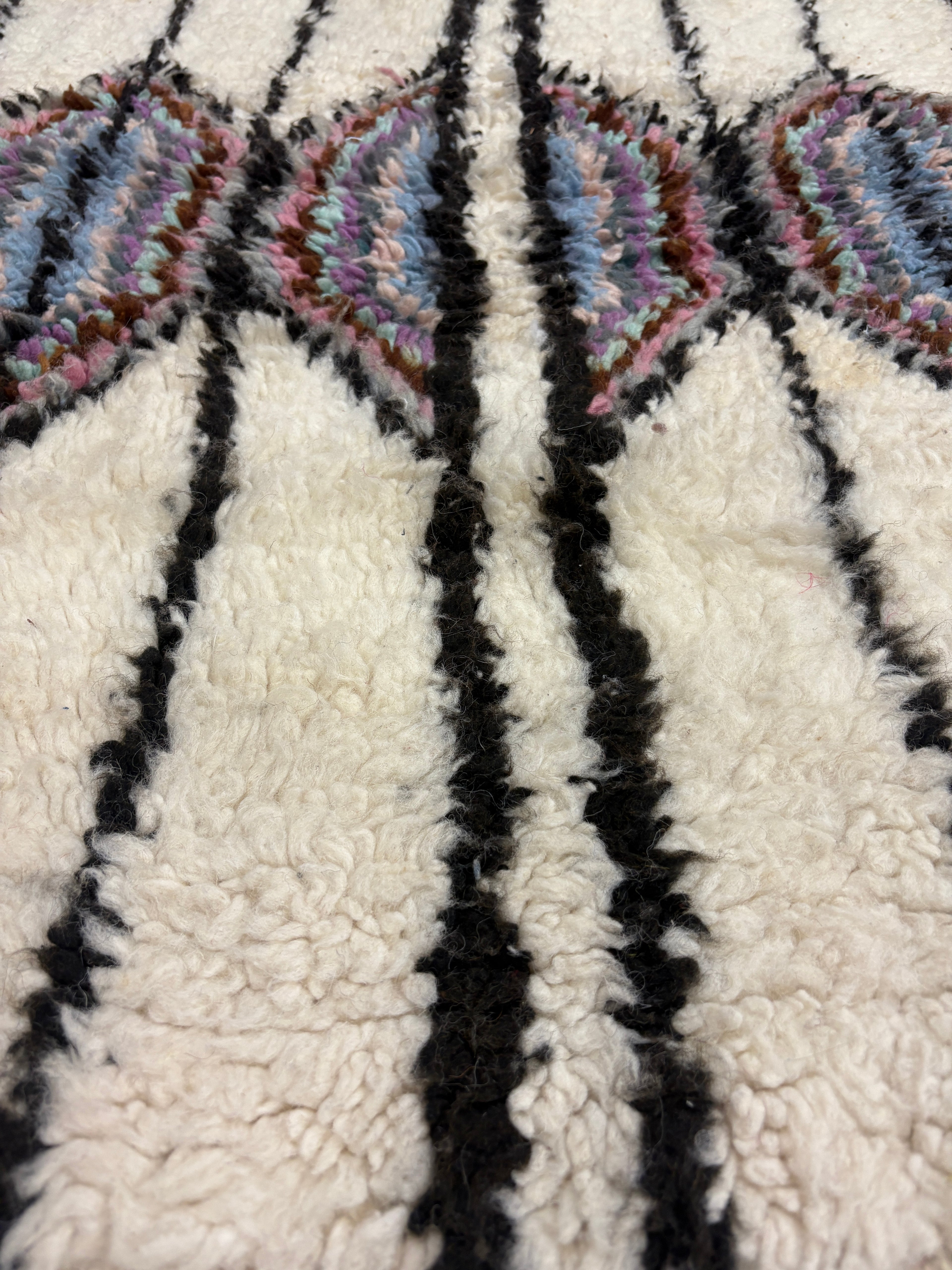 Handwoven Azilal Berber Accent Rug in Ivory Wool with Vertical Stripes