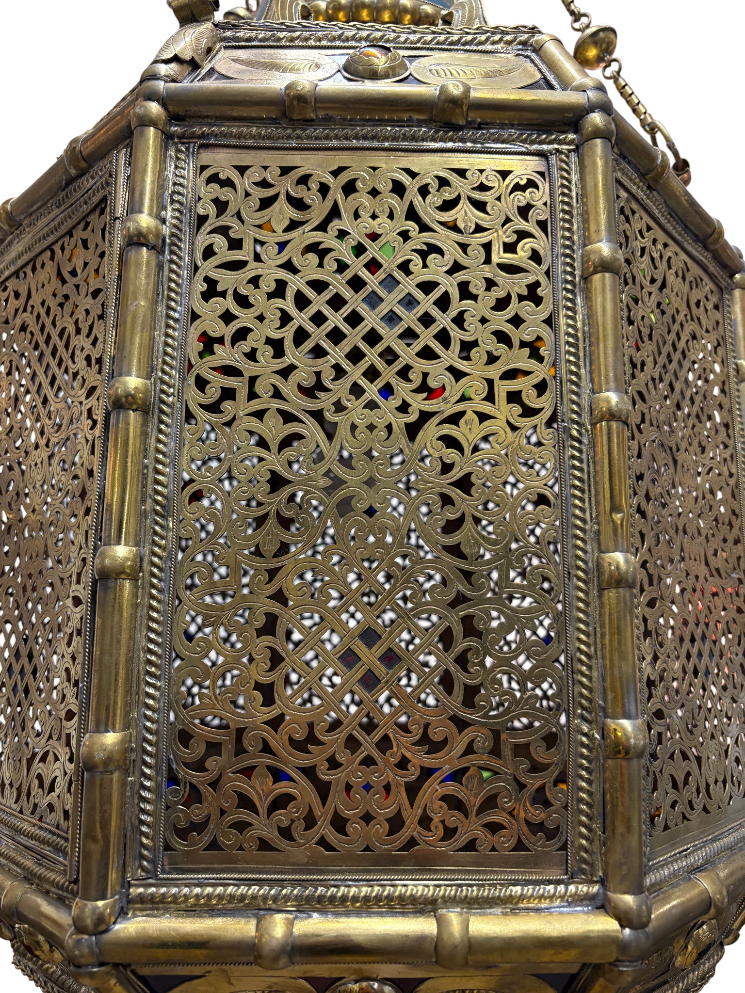 Ornate Filigree Brass and Ceramic Inlay Chandelier