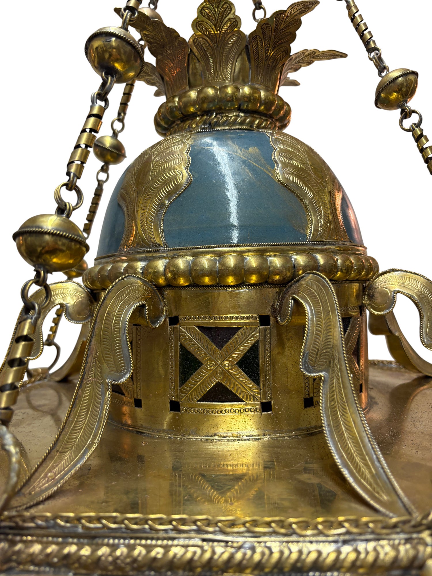 Ornate Filigree Brass and Ceramic Inlay Chandelier