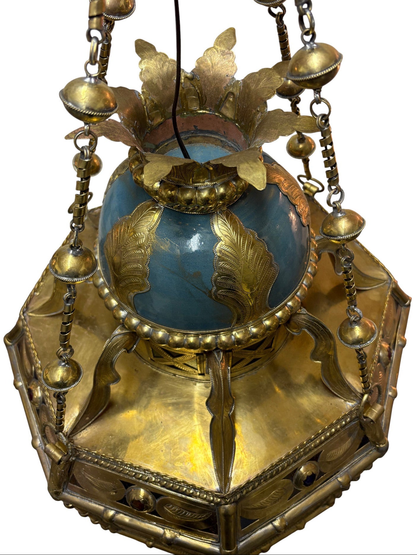 Ornate Filigree Brass and Ceramic Inlay Chandelier