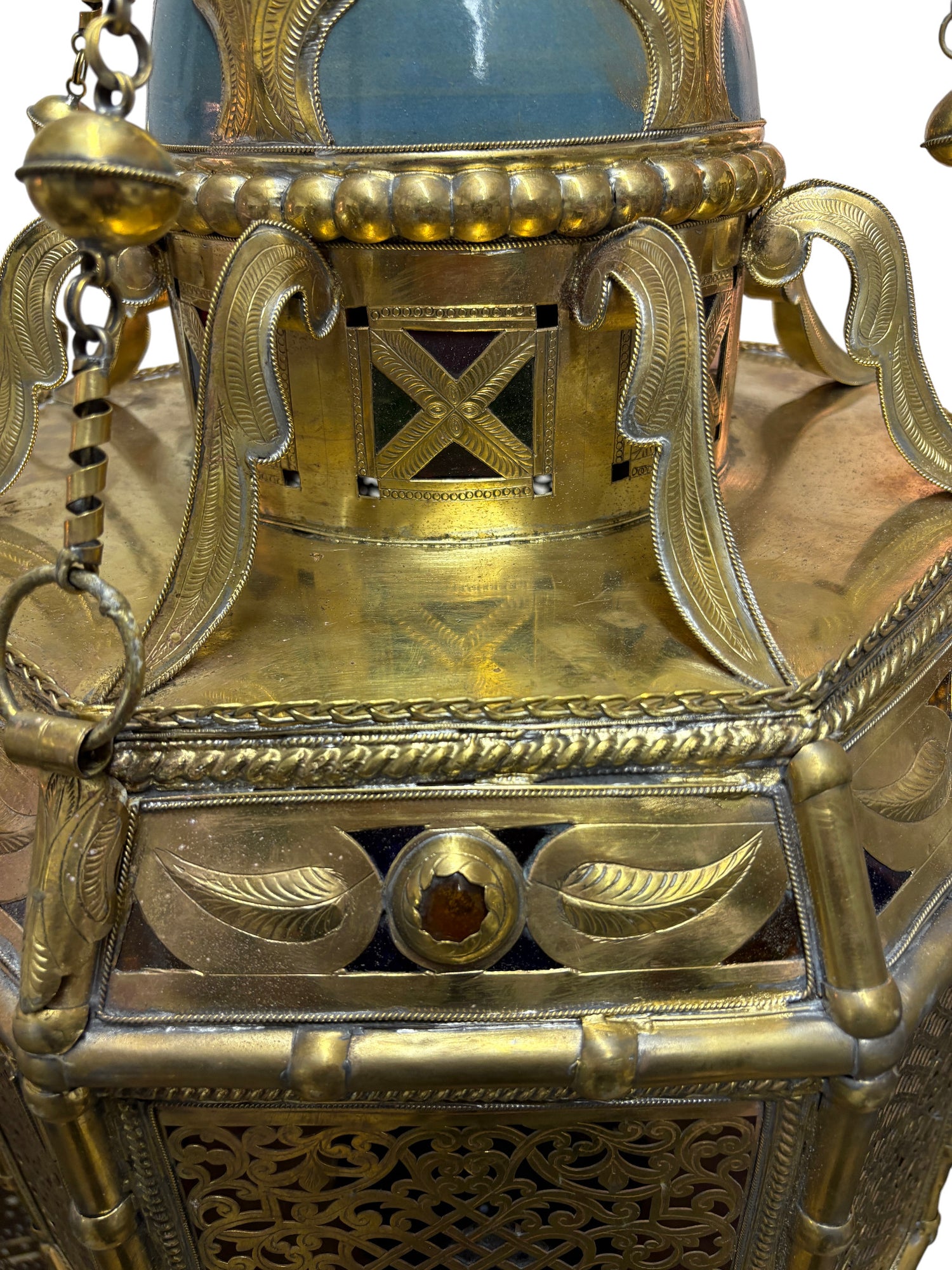 Ornate Filigree Brass and Ceramic Inlay Chandelier