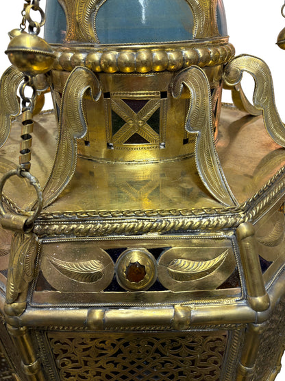 Ornate Filigree Brass and Ceramic Inlay Chandelier